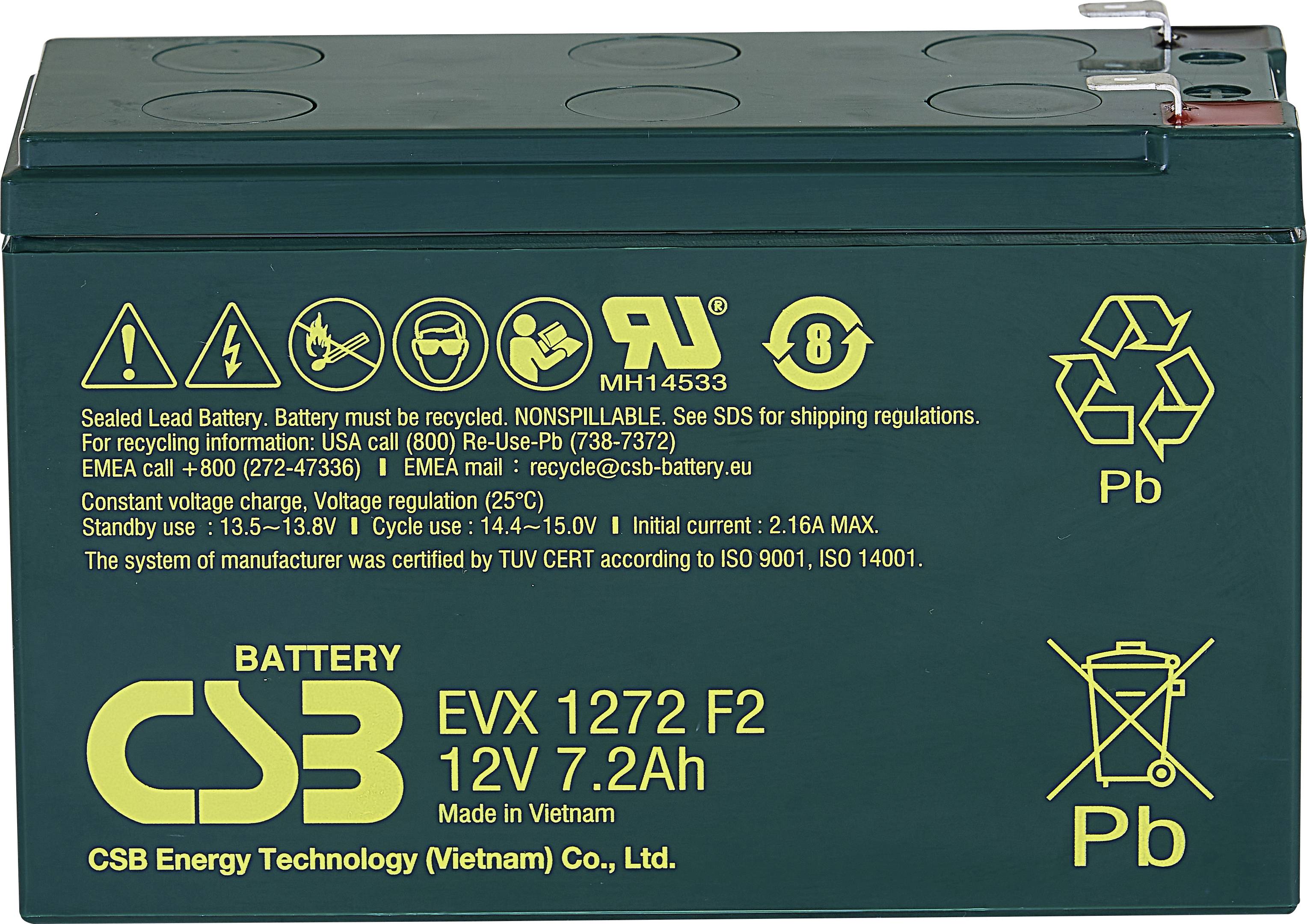 CSB Battery EVX 1272 EVX1272F2 VRLA 12 V 7.2 Ah AGM (W x H x D) 151 x 99 x 65 mm 6.35 mm blade terminal High number of charge