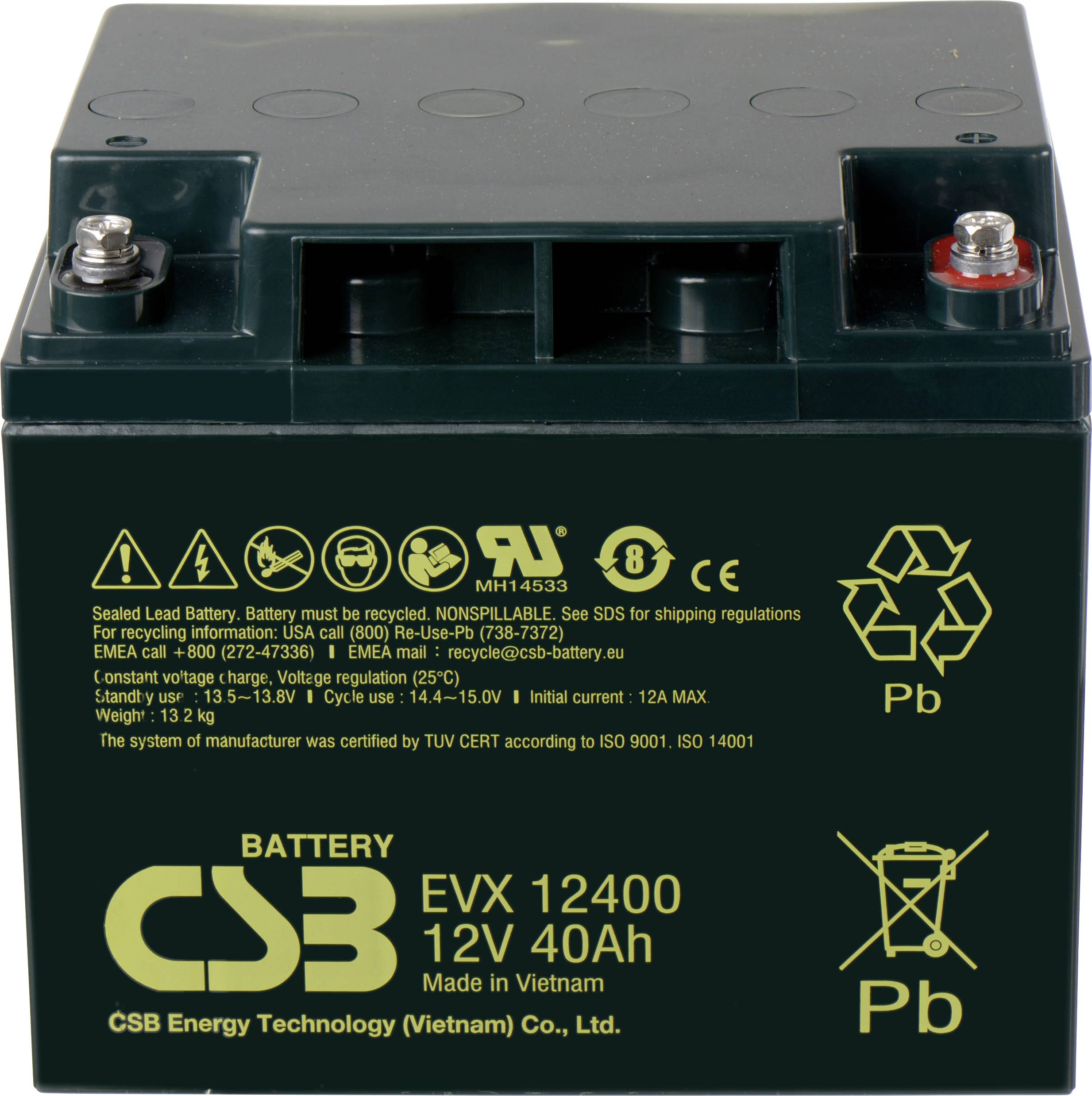 CSB Battery EVX 12400 EVX12400-I1 VRLA 12 V 40 Ah AGM (W x H x D) 197 x 170 x 165 mm M5 connector High number of charge cycles