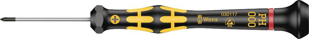 Black and yellow screwdriver marked 'PH 000' and 'Wera'. Suitable for precision work, such as in electronics.