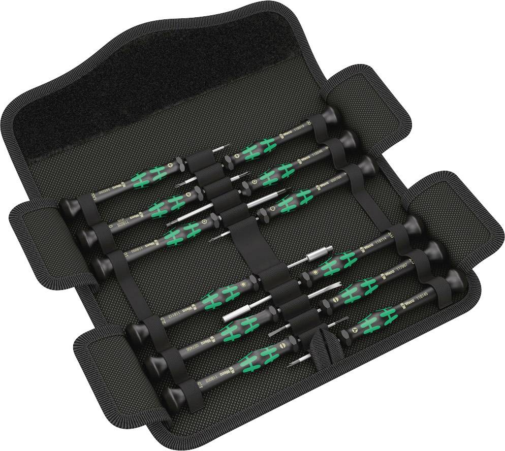 A rolled-up black case containing several precise screwdrivers with green handles, neatly secured in loops.
