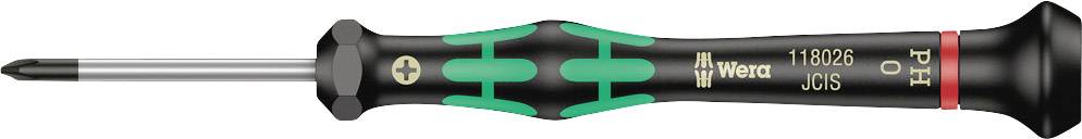 A black and green screwdriver with a slender shaft and cross-head tip. Marking 'Wera 118028 JCS PH'.