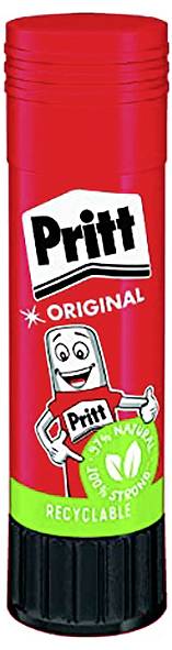 A red 'Pritt Original' glue stick with a smiling cartoon character holding a label that says 'extra strong'. Text highlights '97% natural, recyclable'.