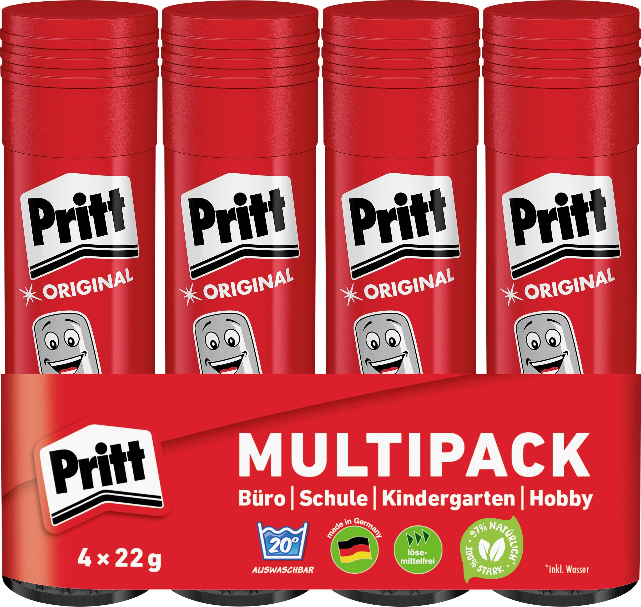 Four red Pritt glue sticks in a multipack, labeled 'Original.' Suitable for office, school, kindergarten, hobby use. 4x22g.