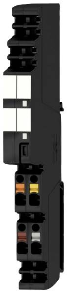 Side view of a black electrical connector with multiple terminals in various colours.