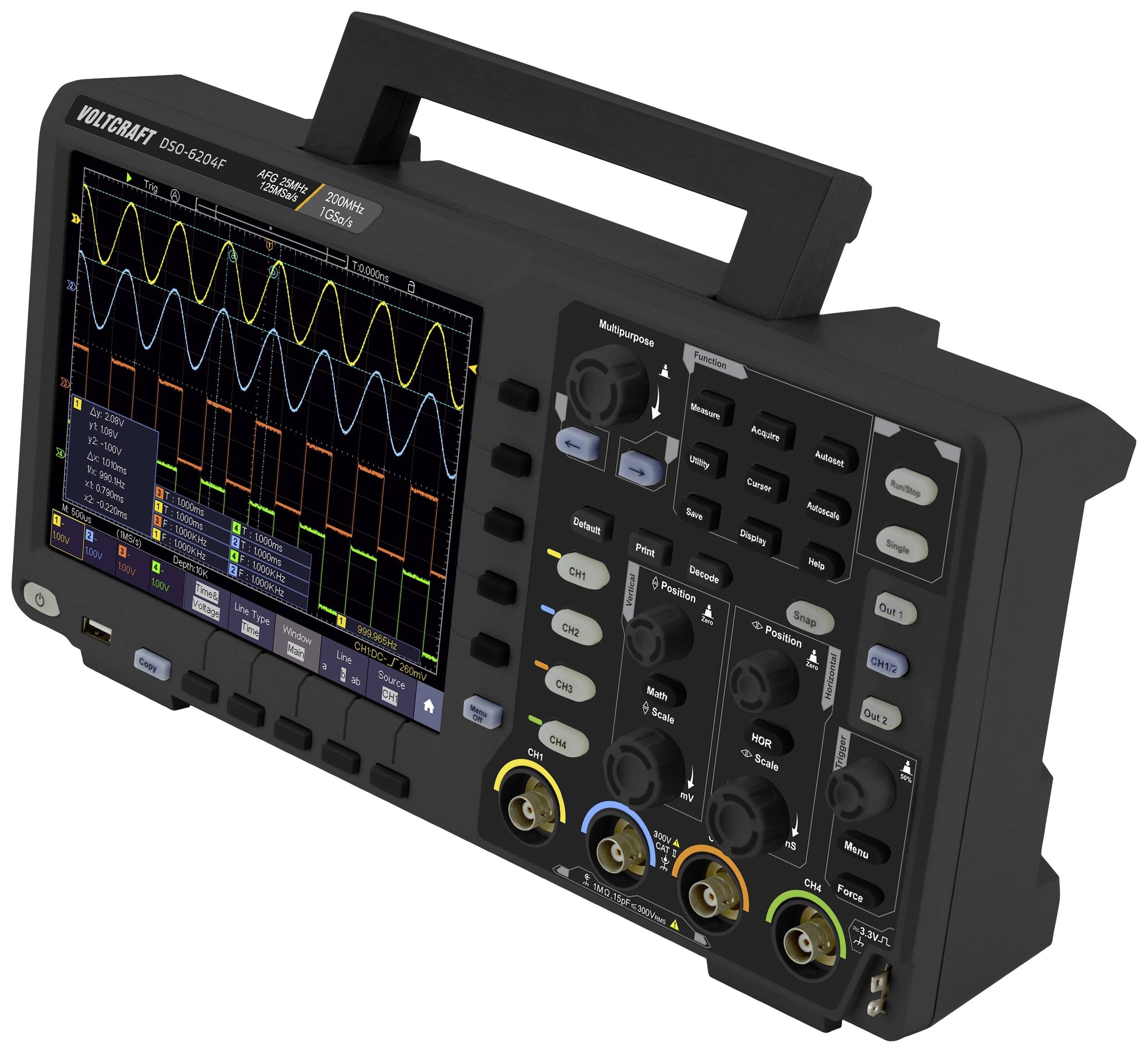 Portable digital oscilloscope with colour display, showing multiple waveforms and measurement values. Brand name and model number clearly visible.