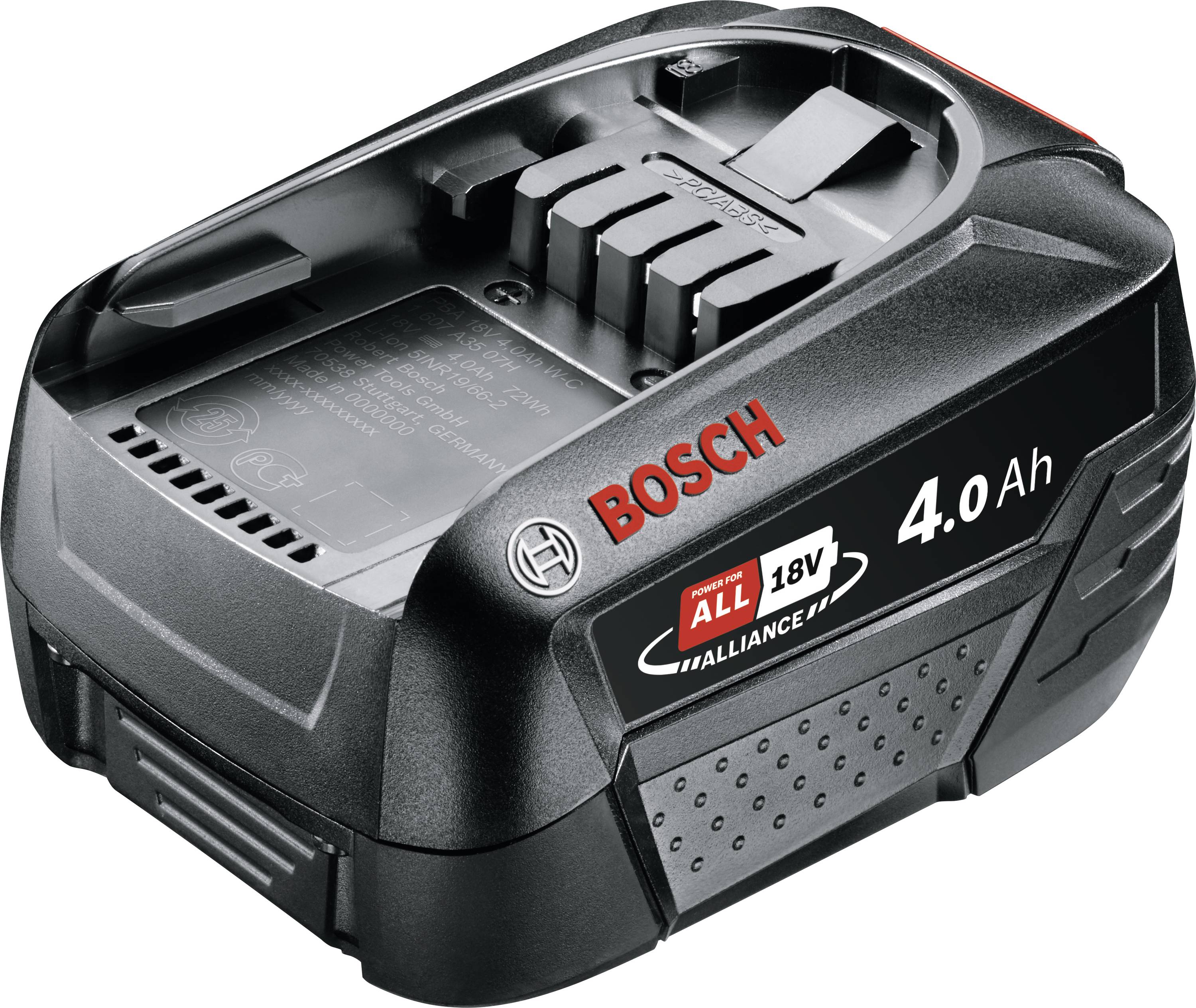 An 18V Bosch battery with 4.0 Ah capacity, black, suitable for power tools.
