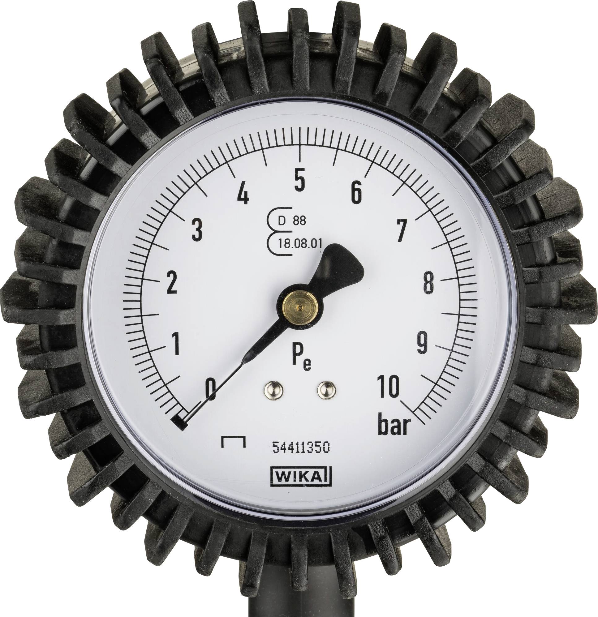 Manometer shows pressure measurement in bar. Needle is positioned at 8 bar. Black casing, white scale, crucial for pressure monitoring.