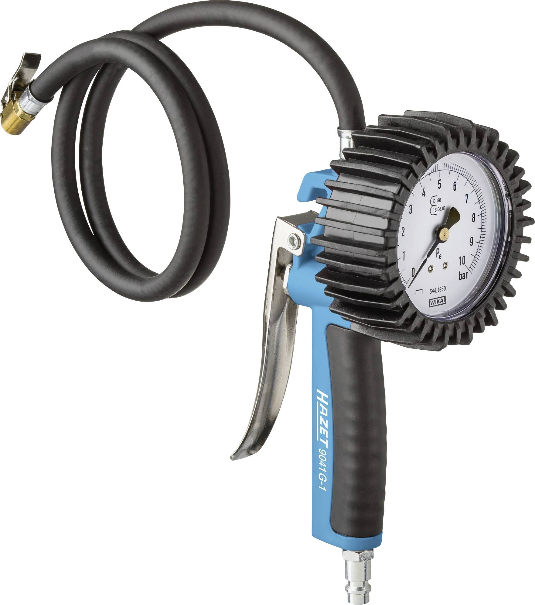 A pneumatic tyre inflation device with a black hose, pressure gauge and blue handle. Suitable for inflating and checking tyre pressure.
