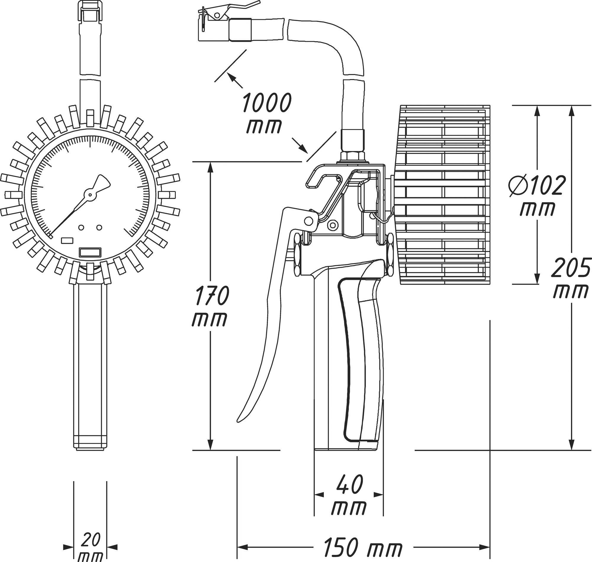 Technical drawing of a pneumatic tool with dimensions: 150 mm length, 170 mm height, 40 mm width; hose 1000 mm.