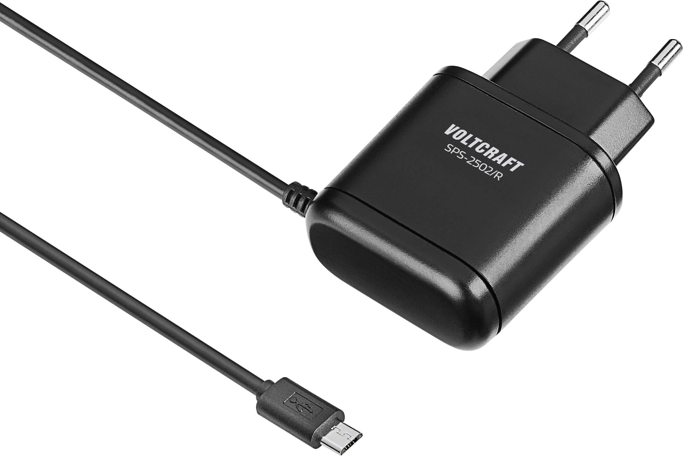 A black Voltcraft SPS-3520R power adapter with a micro USB cable.