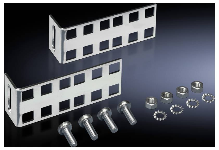 Metal angles with square cut-outs, screws, nuts, and washers, presented against a black background.