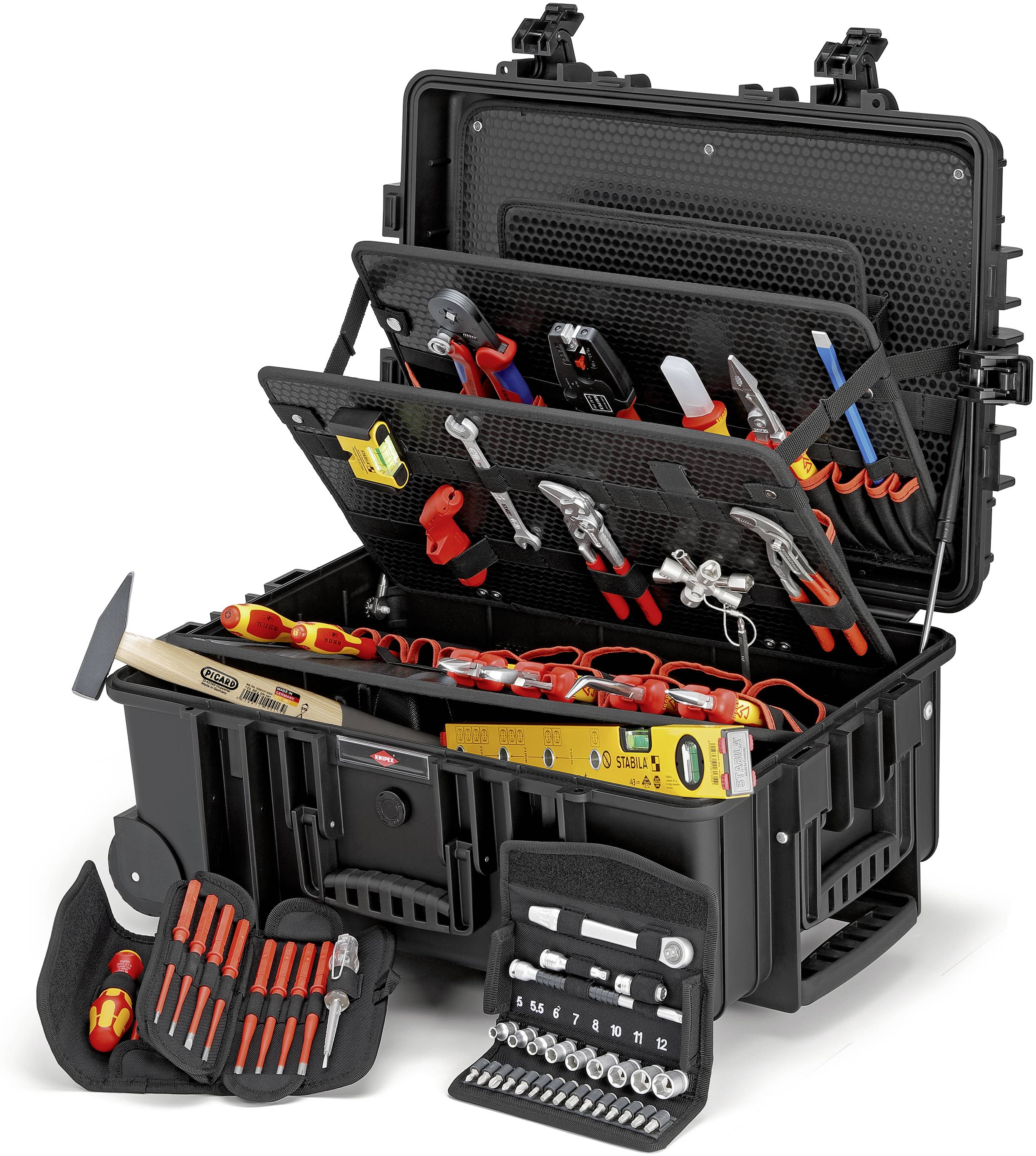 Black toolbox with open lid, filled with various hand tools such as pliers, spanners and screwdrivers.
