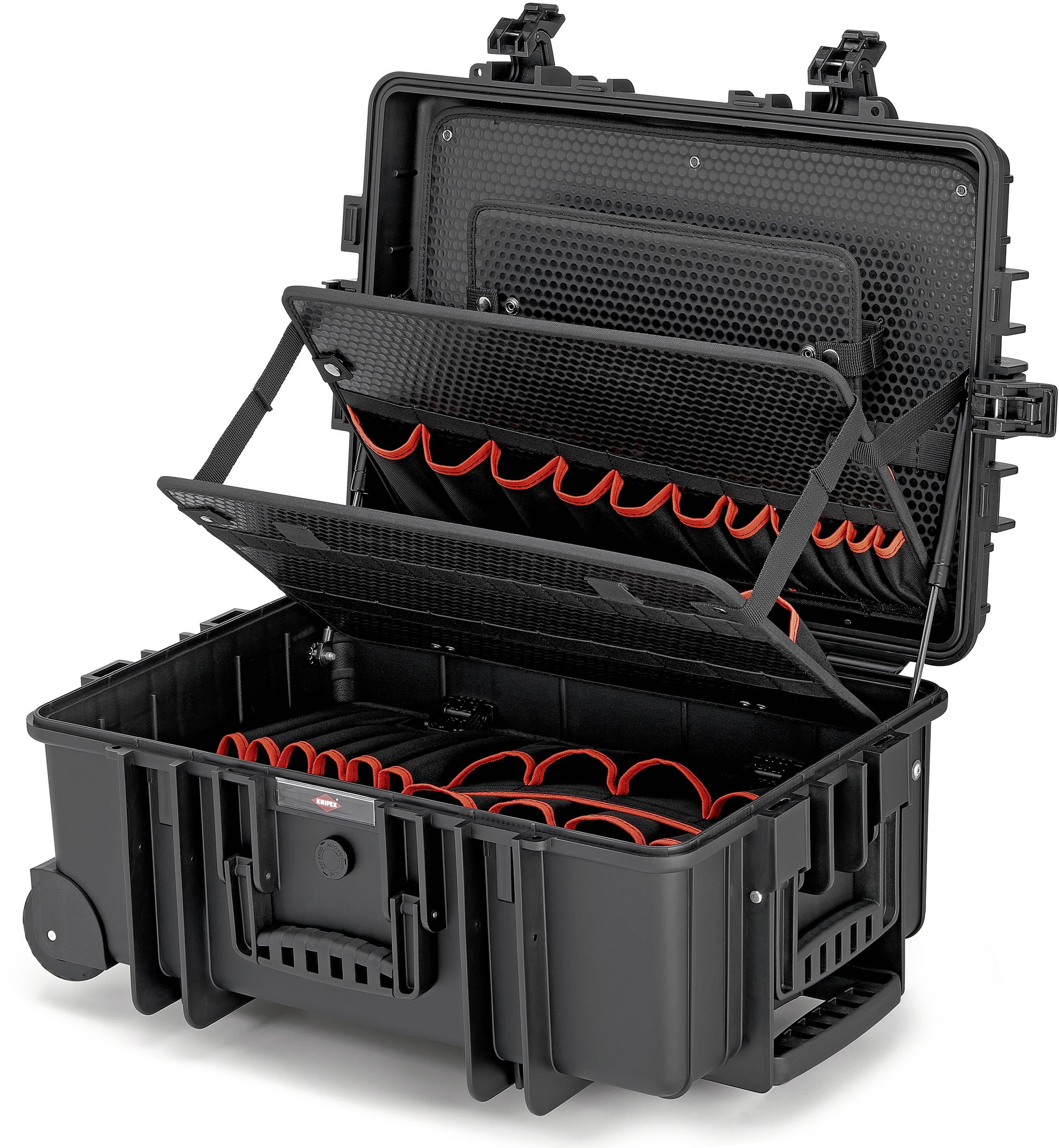 Black protective case with open lid and internal compartments. Specifically designed for transport and protection of delicate equipment.