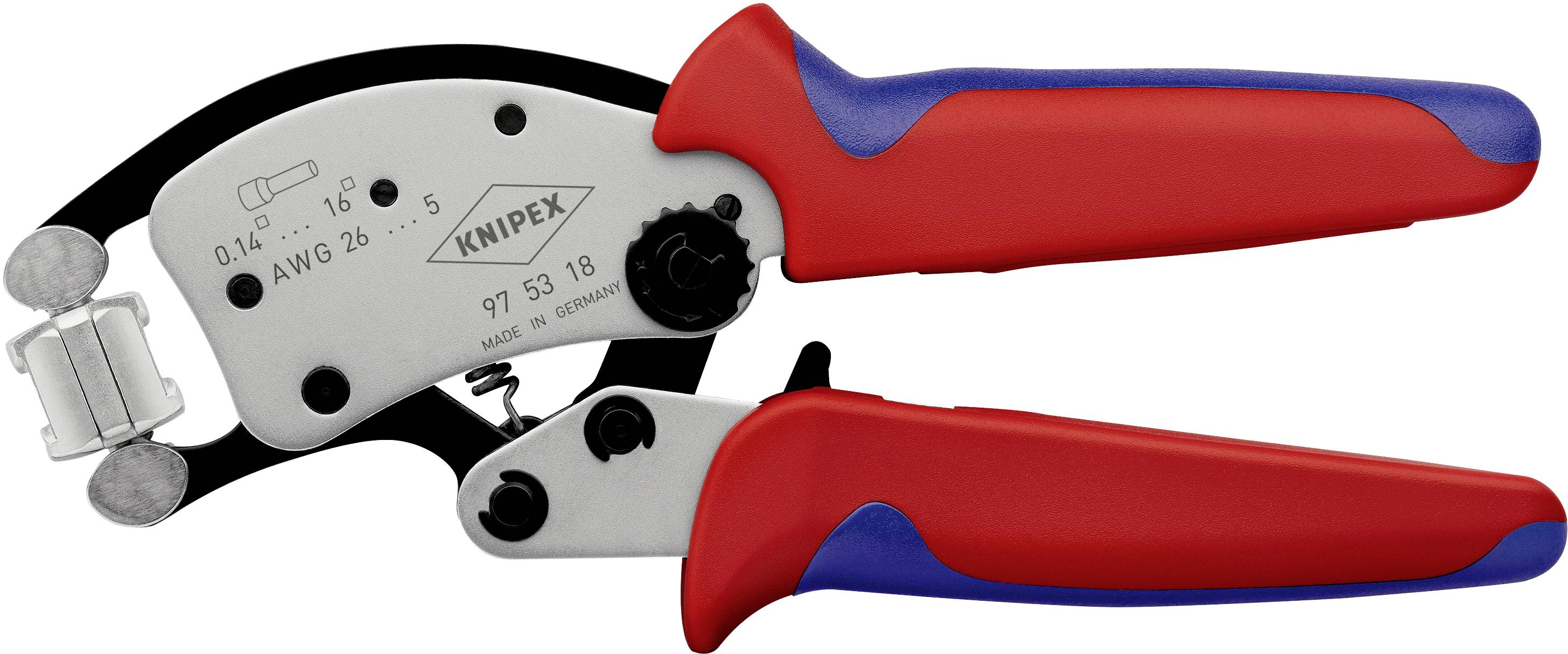 Hand crimping tool with red and blue handles, Knipex logo visible, suitable for cable cross-sections from 0.14 to 6 mm².