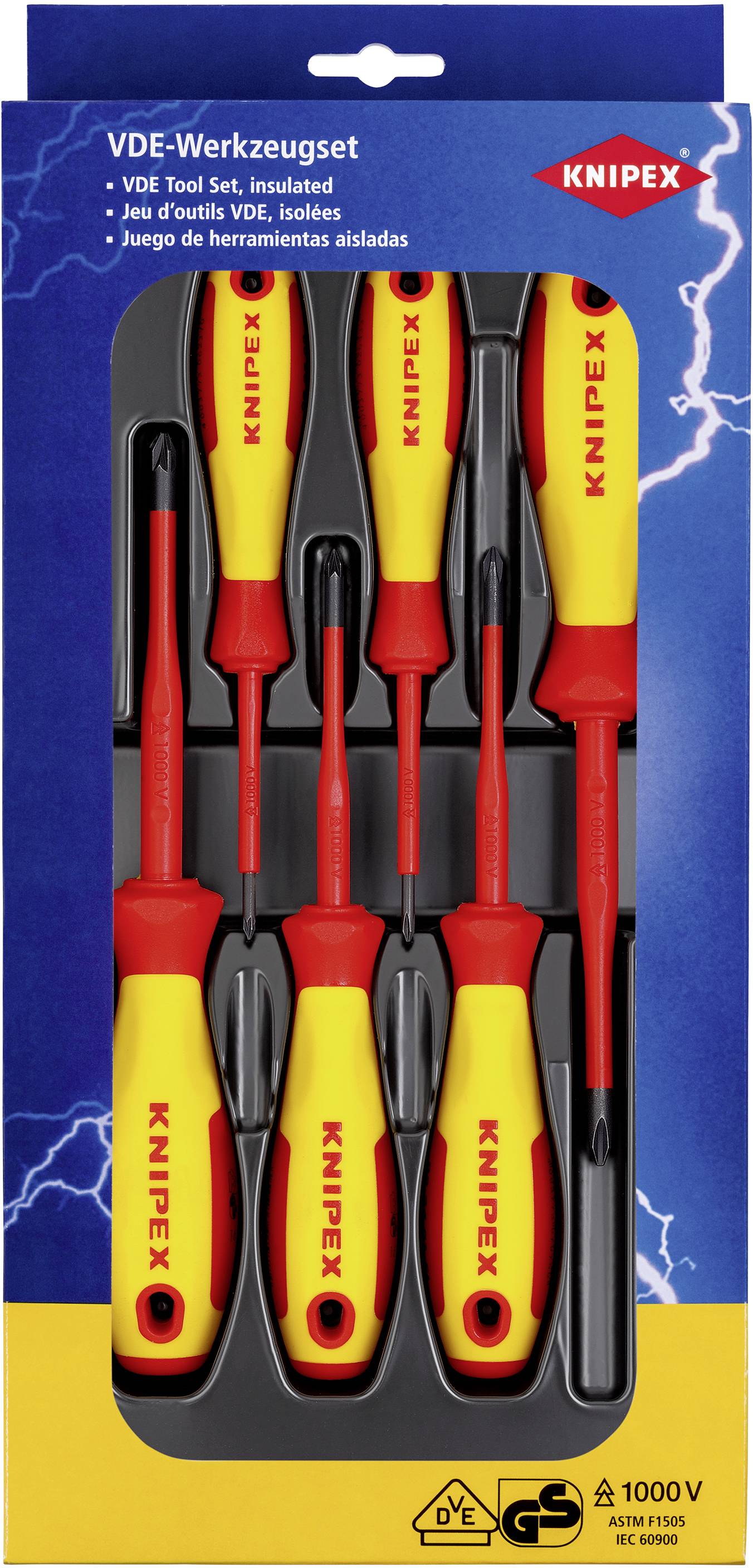 KNIPEX VDE Tool Set, insulated, set of five screwdrivers and a voltage tester in red and yellow packaging.
