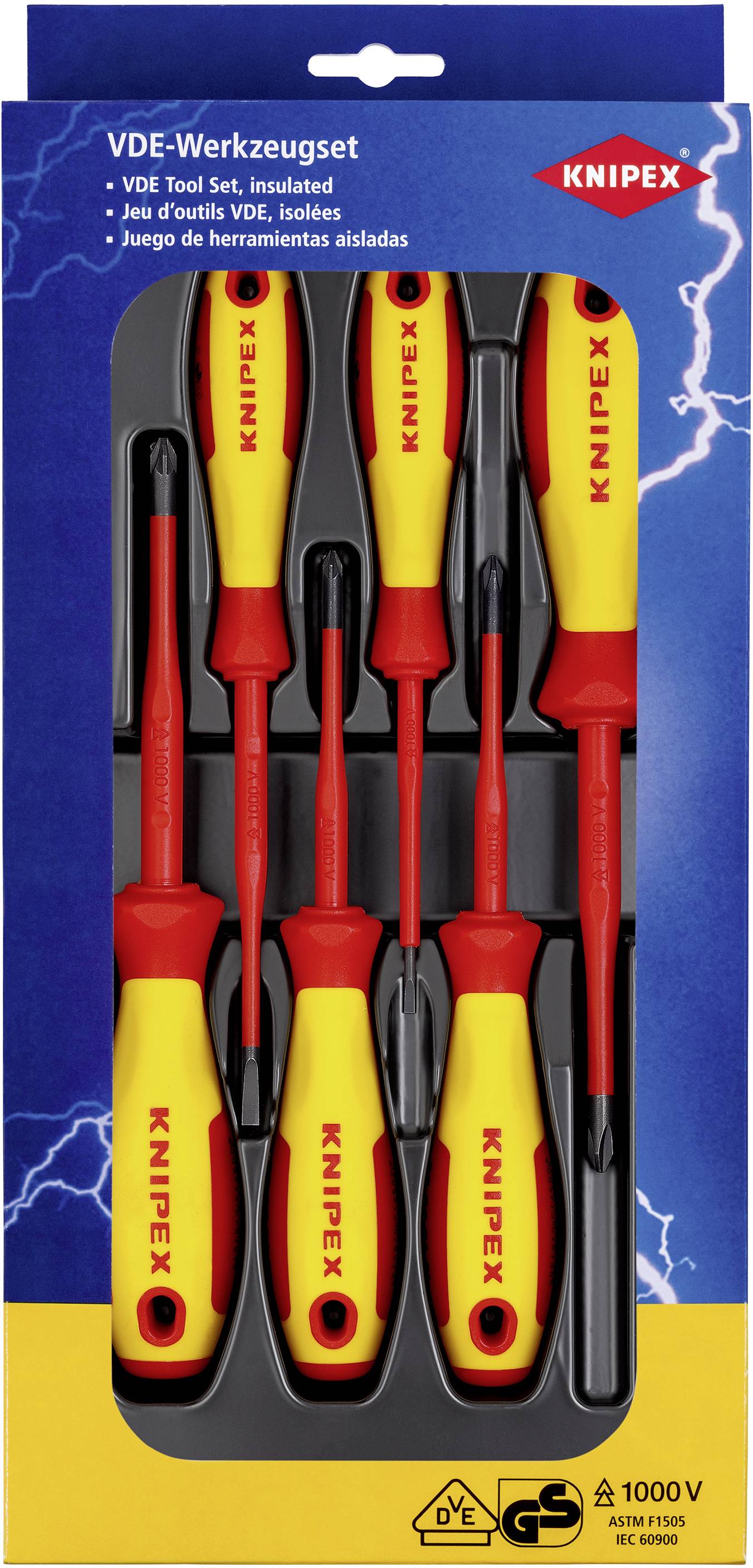 'KNIPEX VDE Insulated Screwdriver Set' with six insulated screwdrivers in packaging, displayed against a blue background with a lightning pattern.