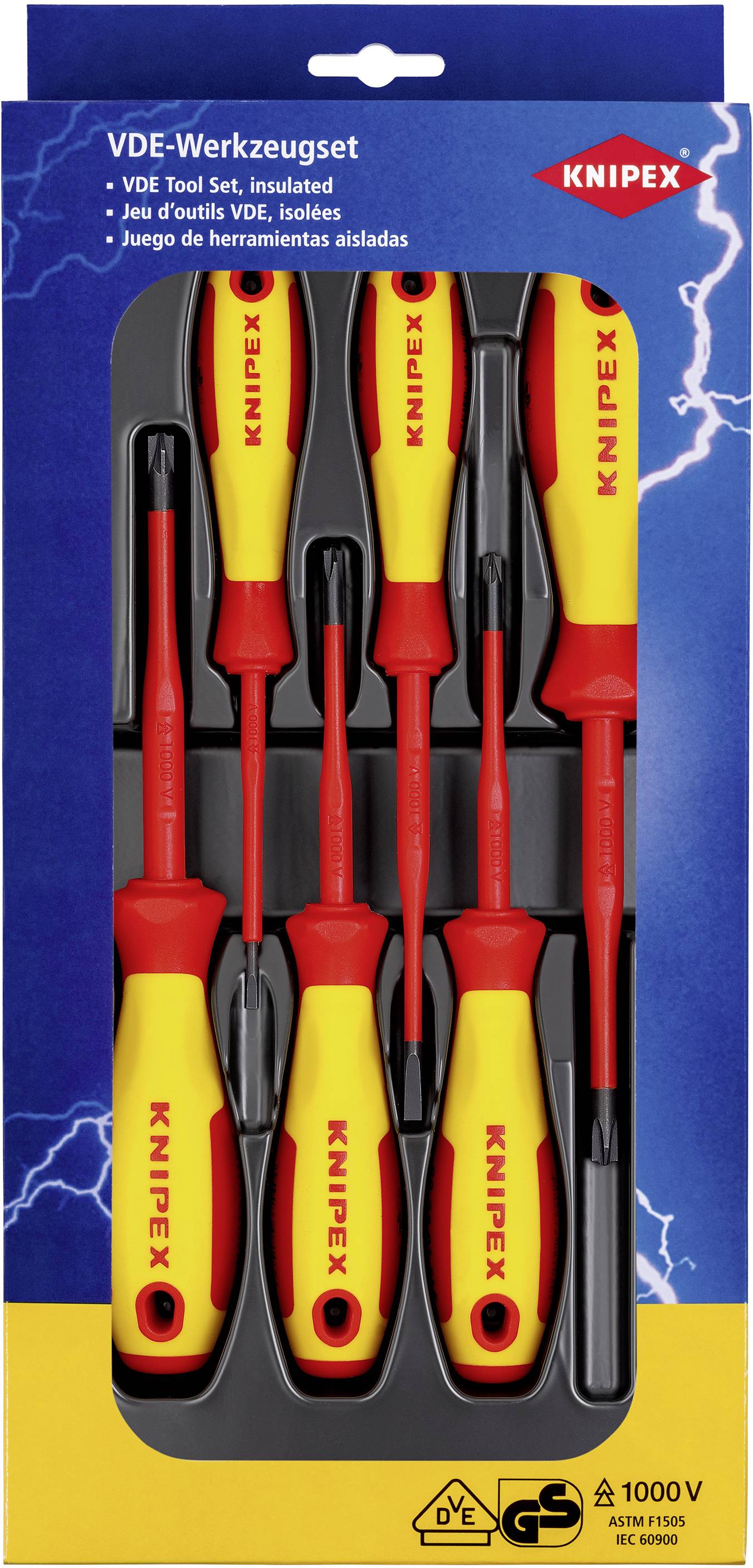 A pack containing six insulated screwdrivers in various sizes. Text on top reads: 'VDE Tool Set'. Suitable for up to 1000 V.