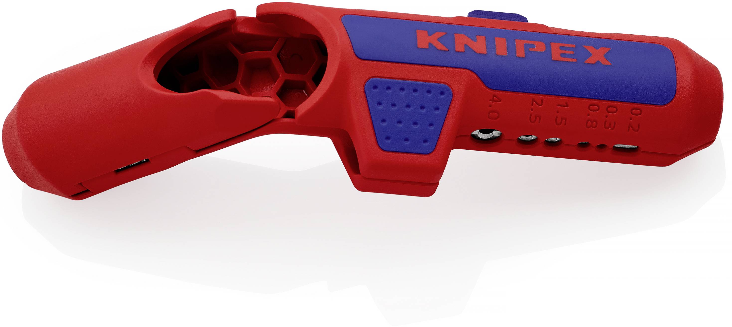 Red and blue cable stripping tool by Knipex, open with view of its internal mechanism. Suitable for stripping various cable sizes.