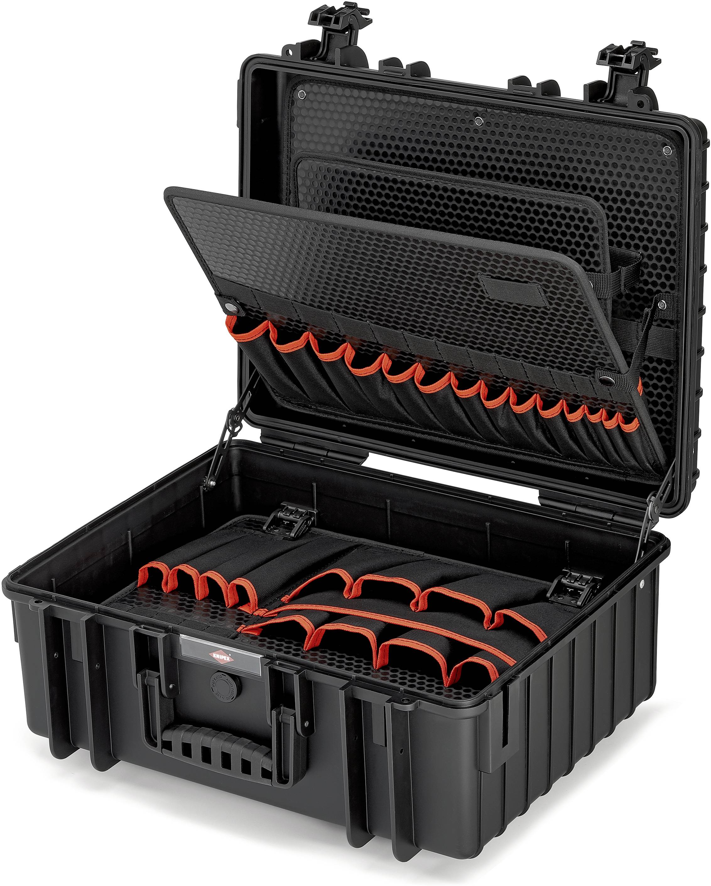 Black, opened transport case with padded compartments and red interior lining for secure equipment storage.