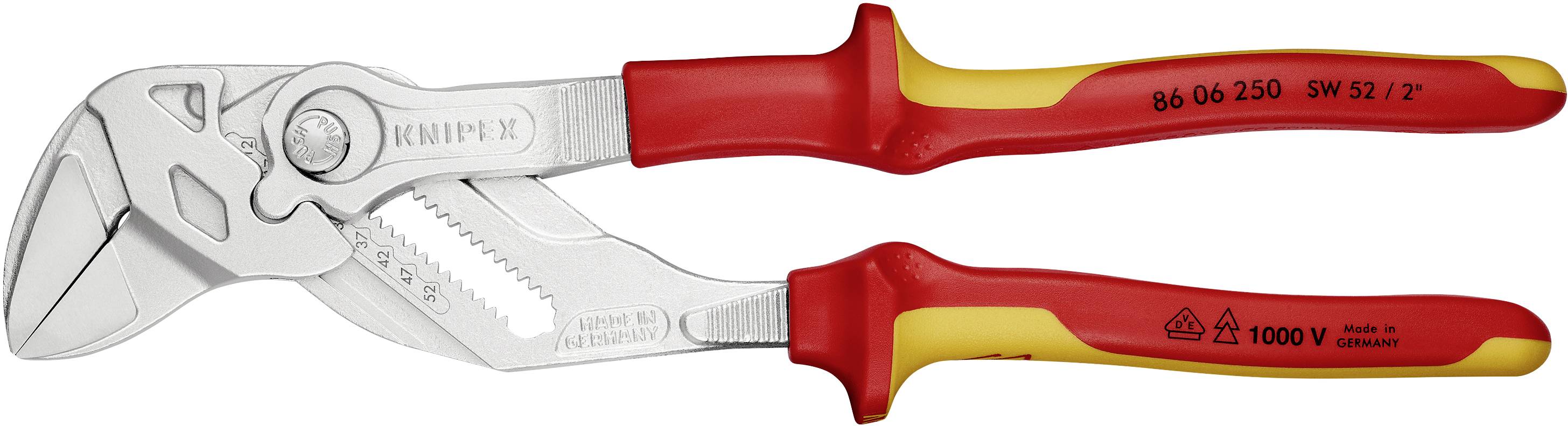 Insulated wire cutters with red and yellow handle; suitable for work up to 1000V, manufactured in Germany by Knipex.