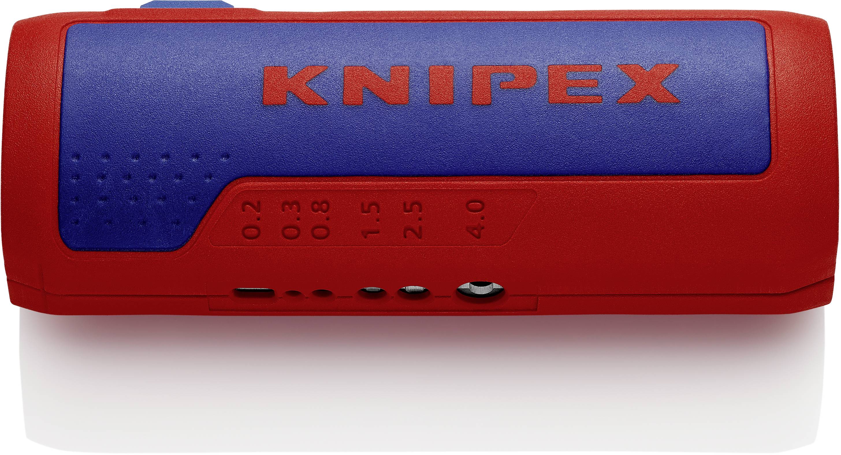 A red and blue Knipex tool, possibly a wire stripper, with a scale from 0.2 to 4.0 on the surface.