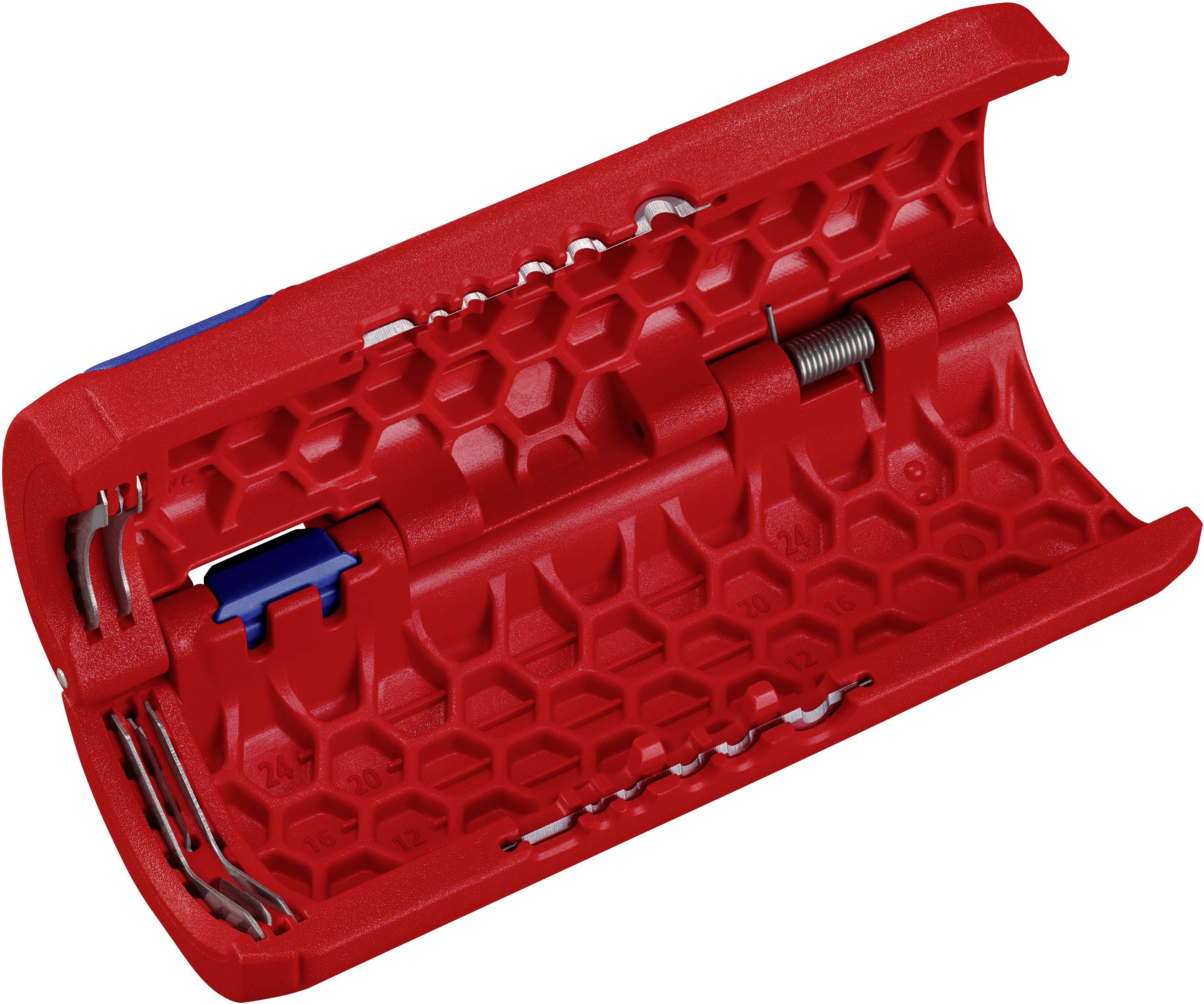 Red plastic wall plug with honeycomb pattern and metal springs, shown open. Suitable for various mounting applications in walls.
