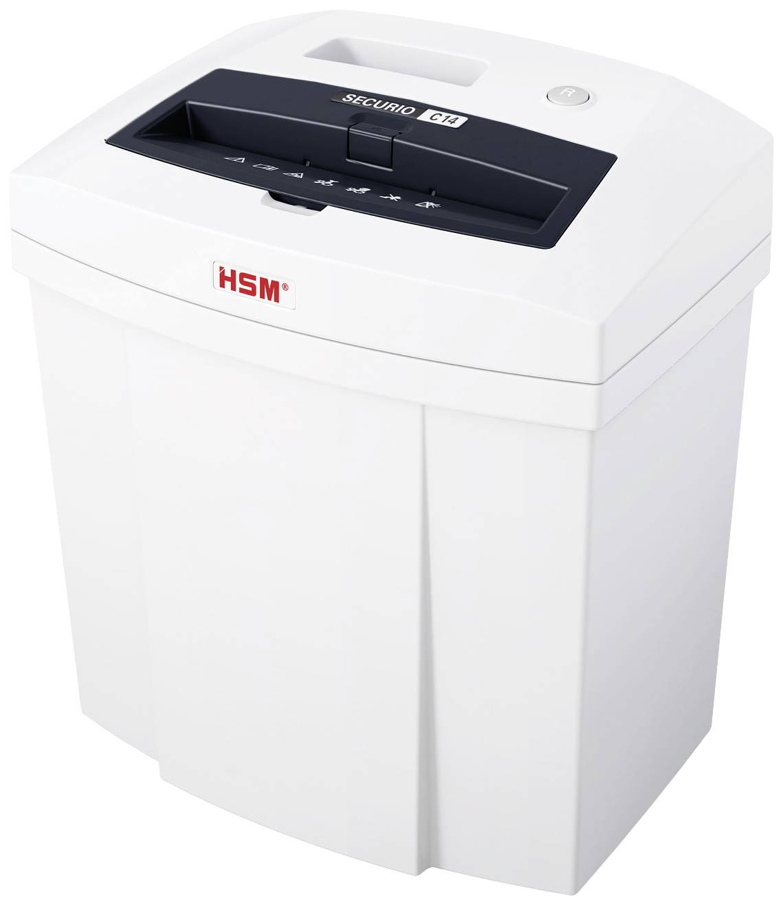 A white paper shredder with a black control panel and the brand name 'HSM' on the front.