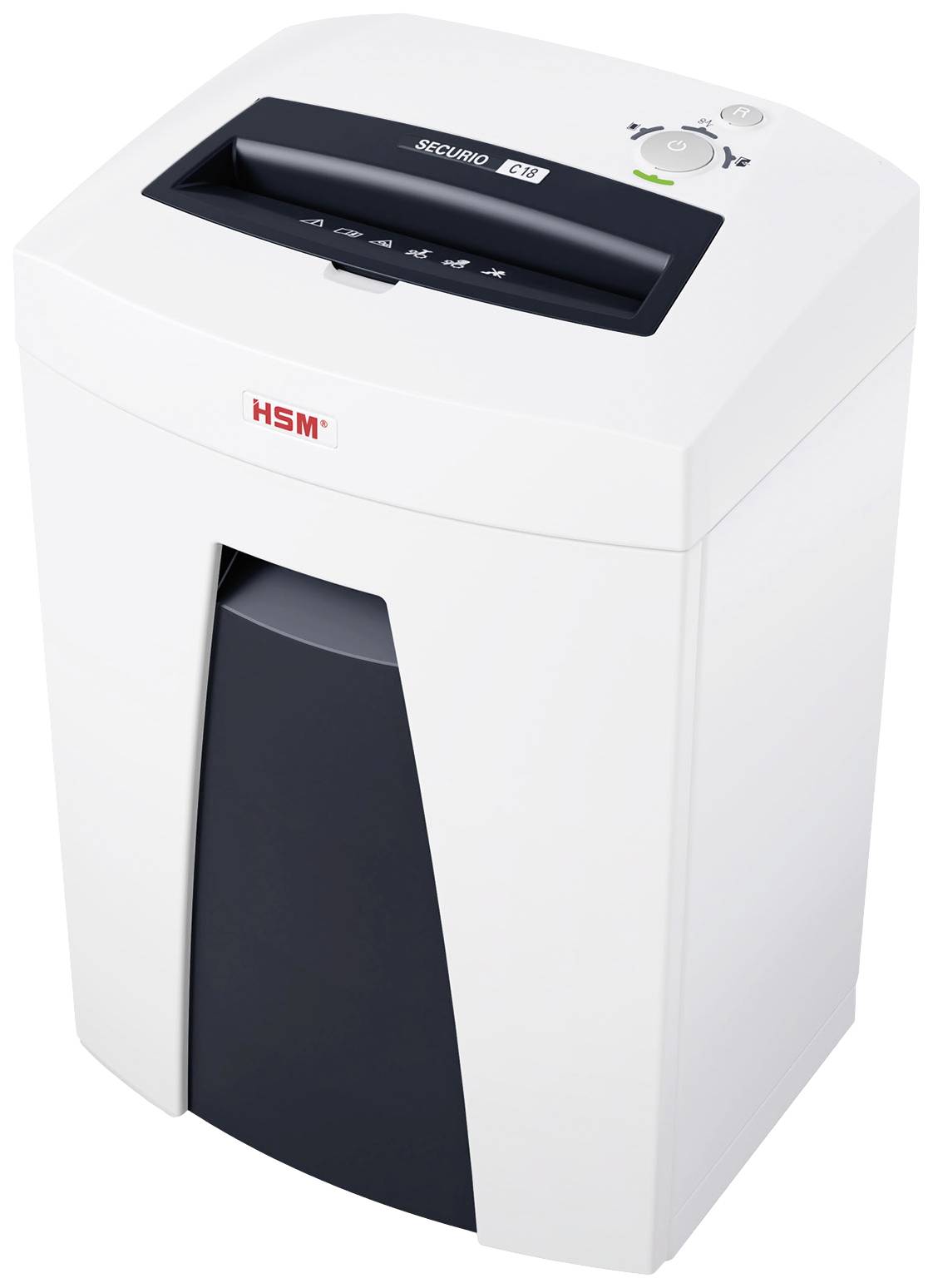 A white paper shredder with a black area, suitable for office documents. The control panel on top displays operation buttons.