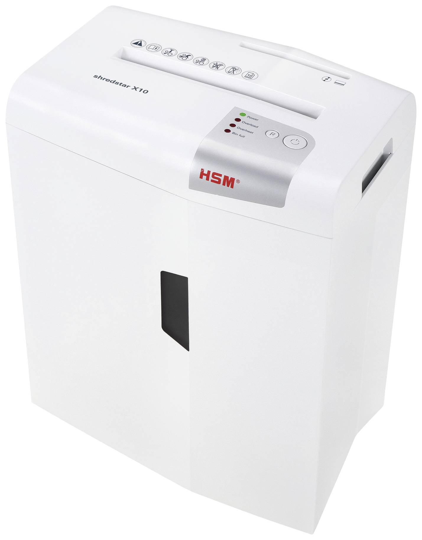 A white paper shredder is sitting on a table. Symbols and indicator lights are visible on the top, showing the operational status.