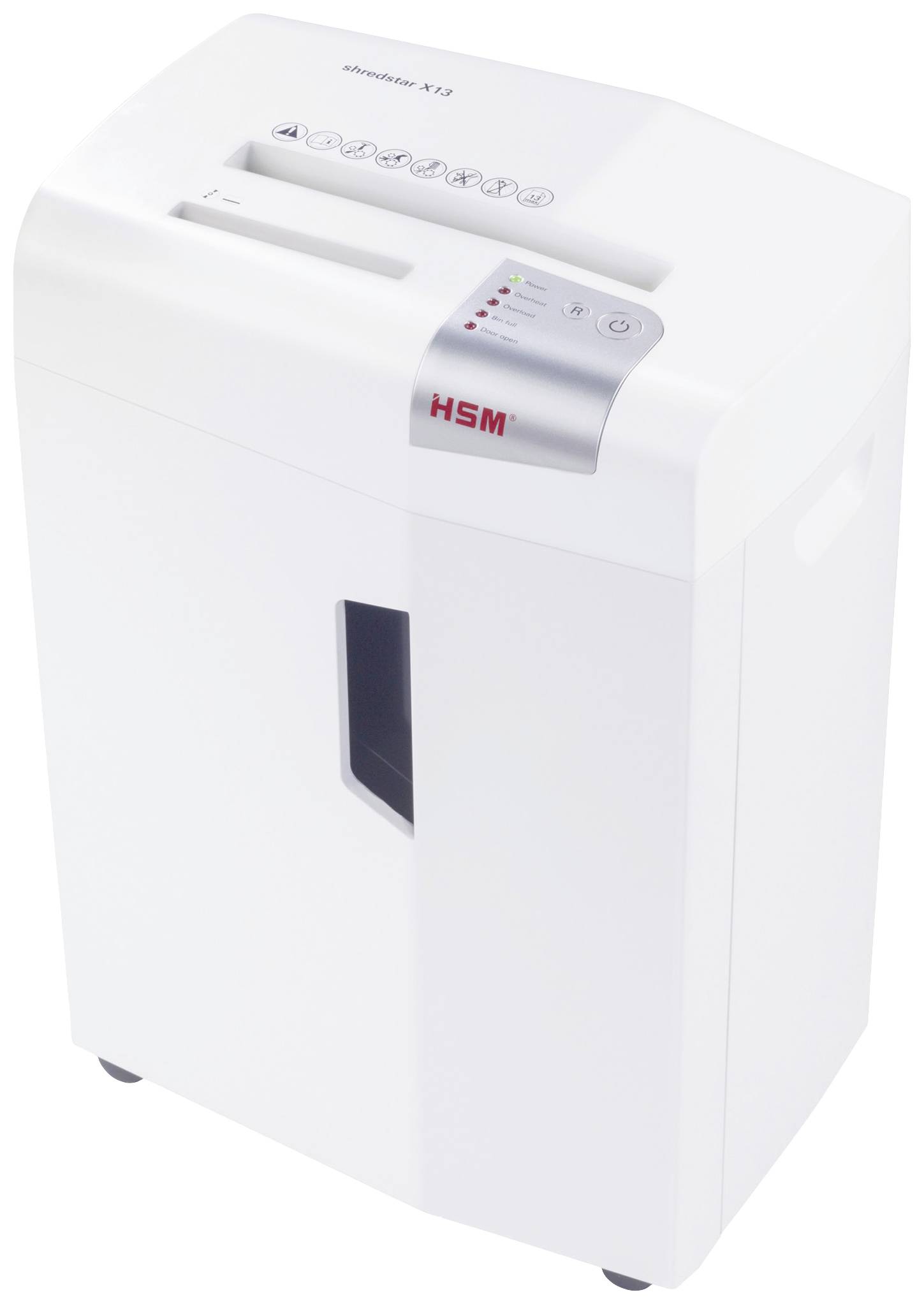 A white paper shredder with a round shape and silver control elements. Brand and model are visible on top.