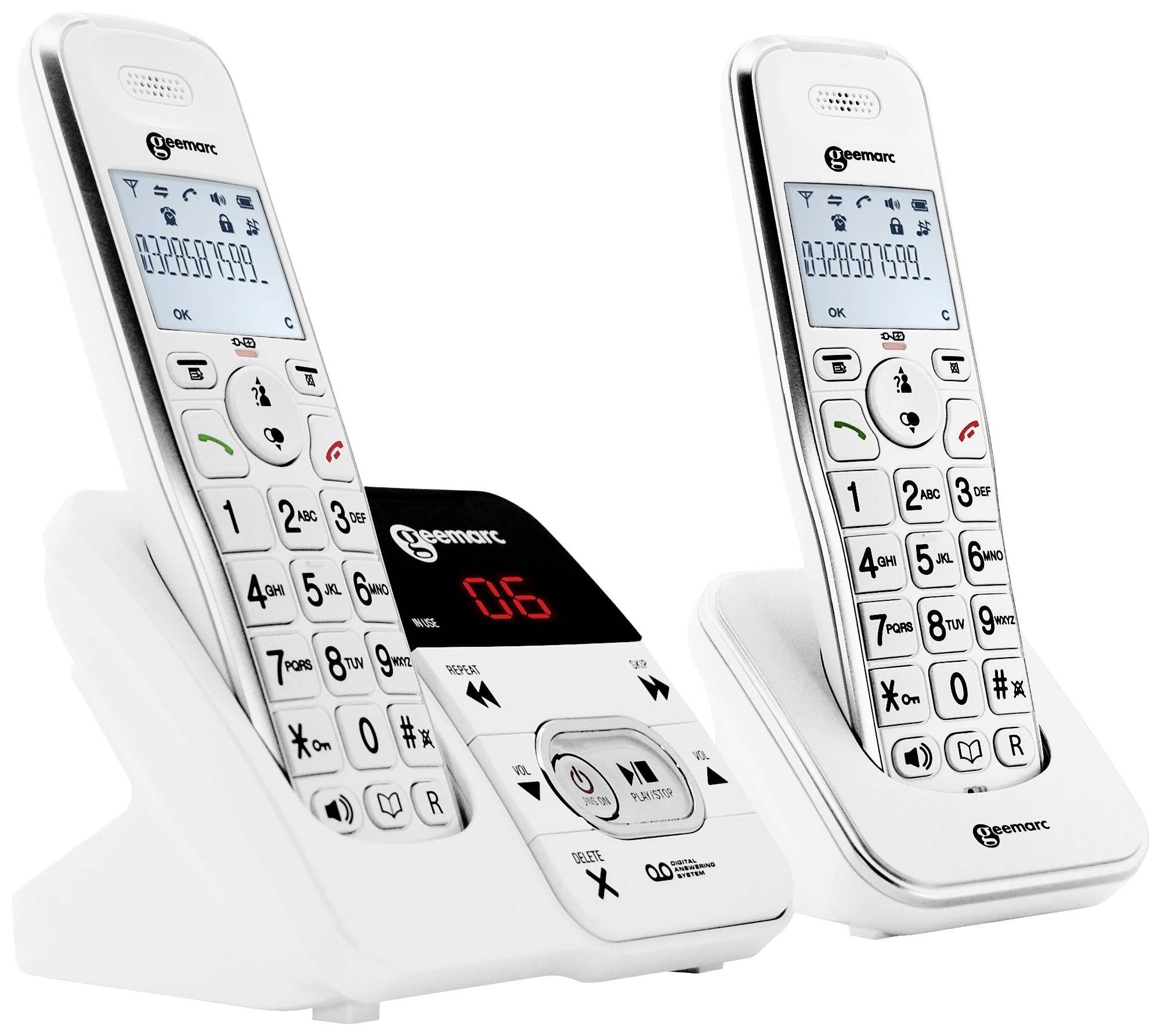 Two cordless telephones in charging cradles. Large buttons and displays each show '023965399'. One has a base station with buttons.