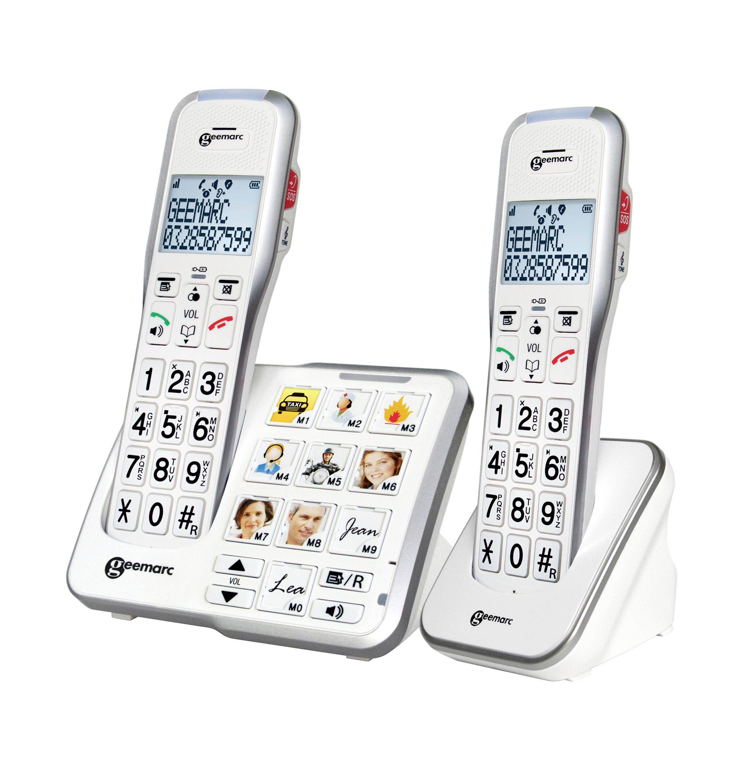 Two white landline telephones with large buttons and picture buttons for easy dialling. Ideal for seniors or people with visual impairments.