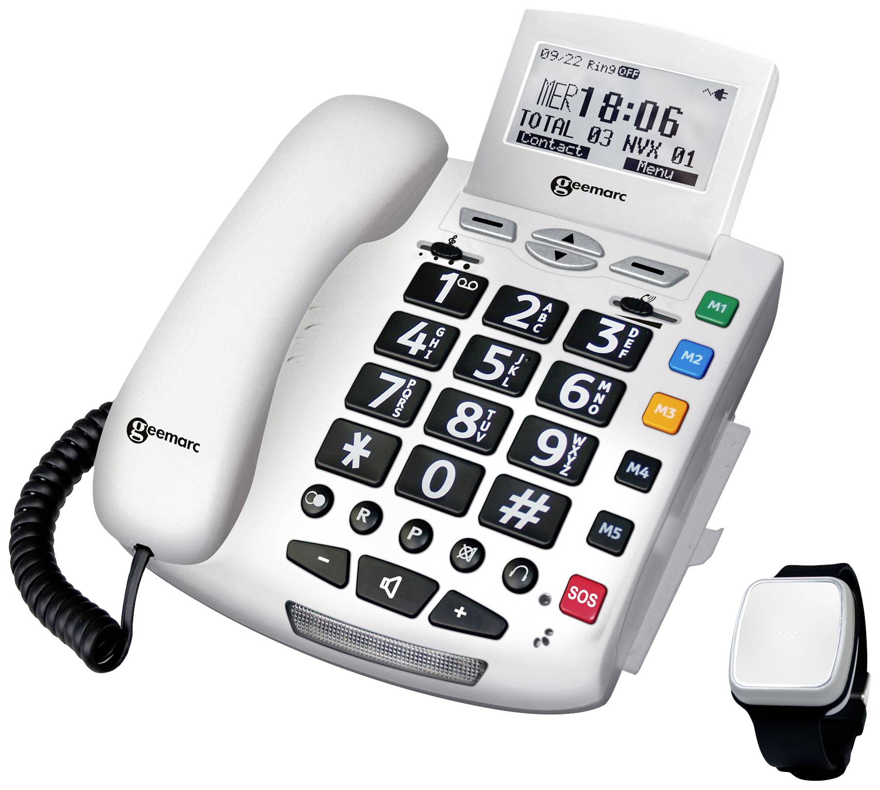Cordless telephone with large buttons and display. Shows time, number of calls, and total call time. Includes SOS button and wristband.