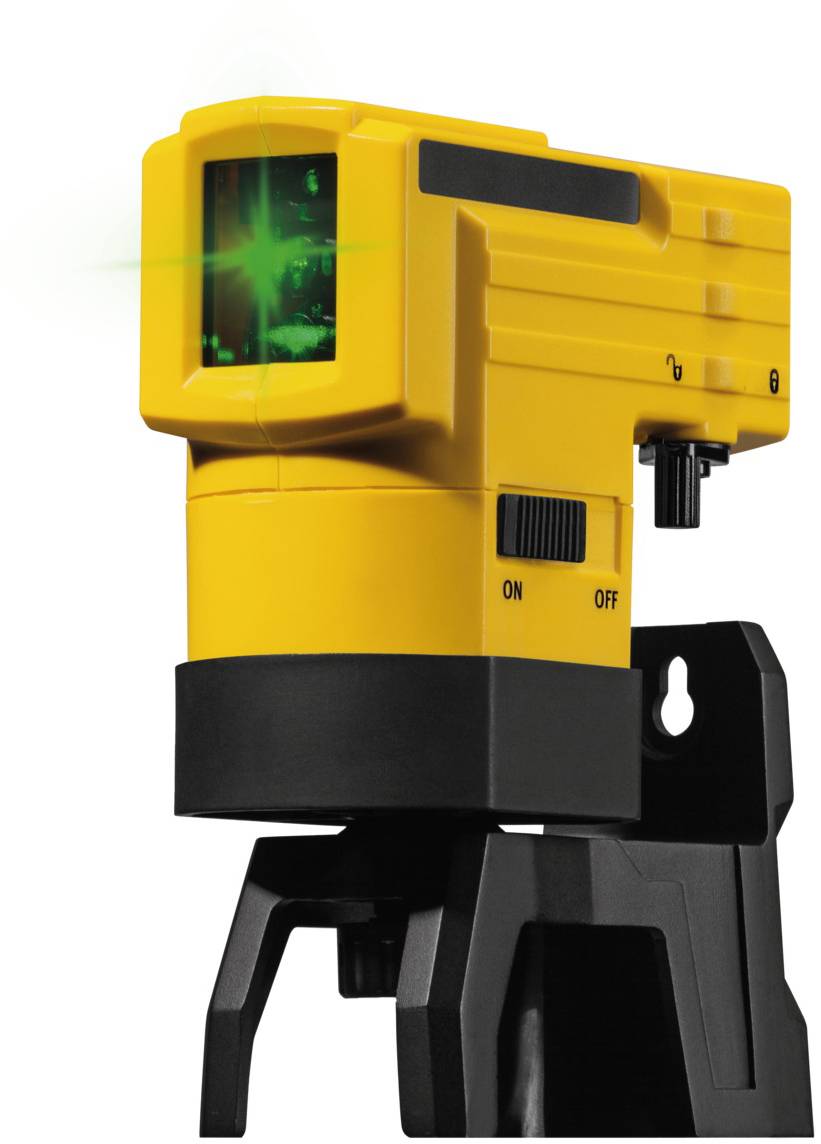 A yellow laser level device mounted on a black tripod, displaying green cross-line laser light, used for construction work.