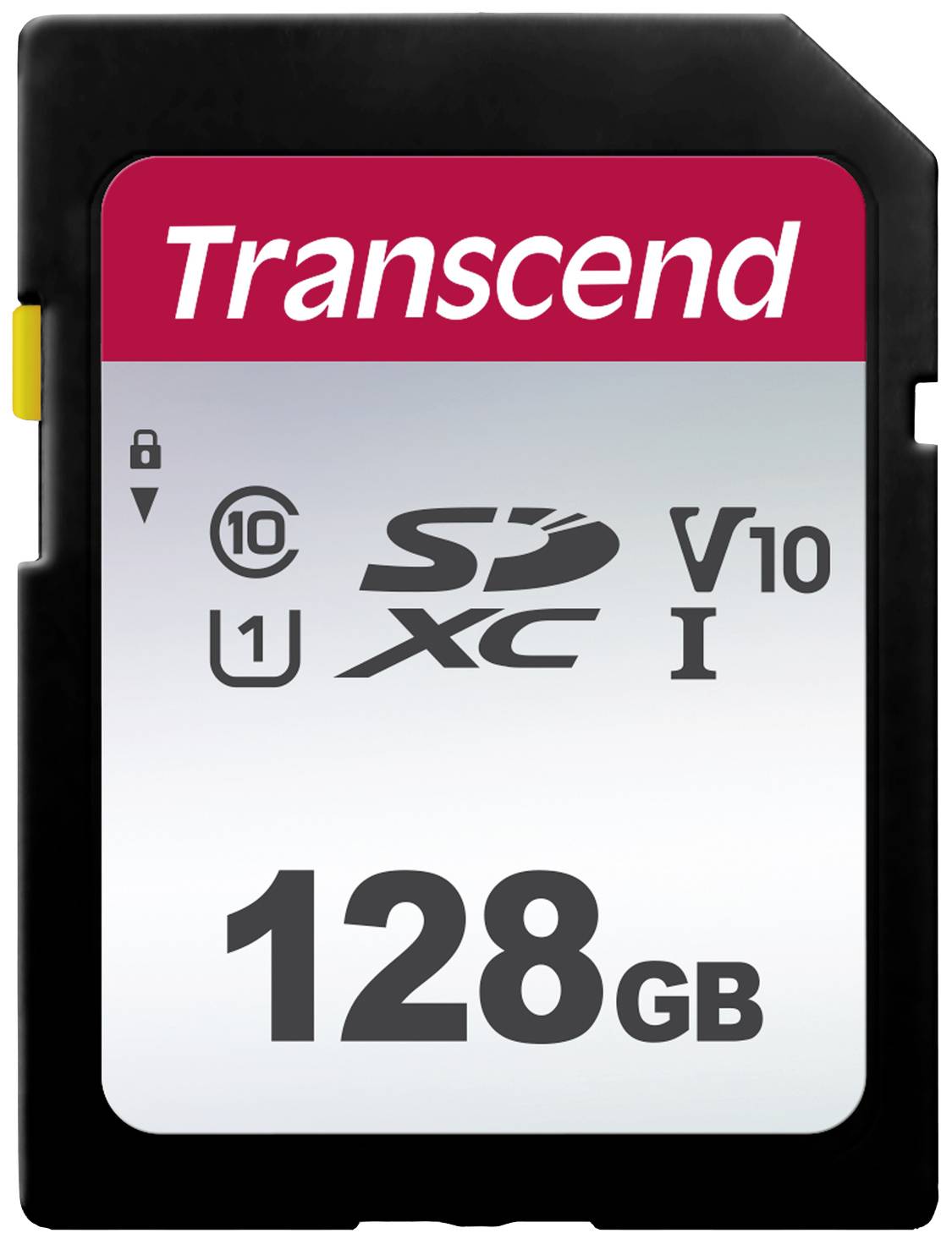 128 GB SD card with 'Transcend' label, speed symbols and capacity indication for photo and data storage.
