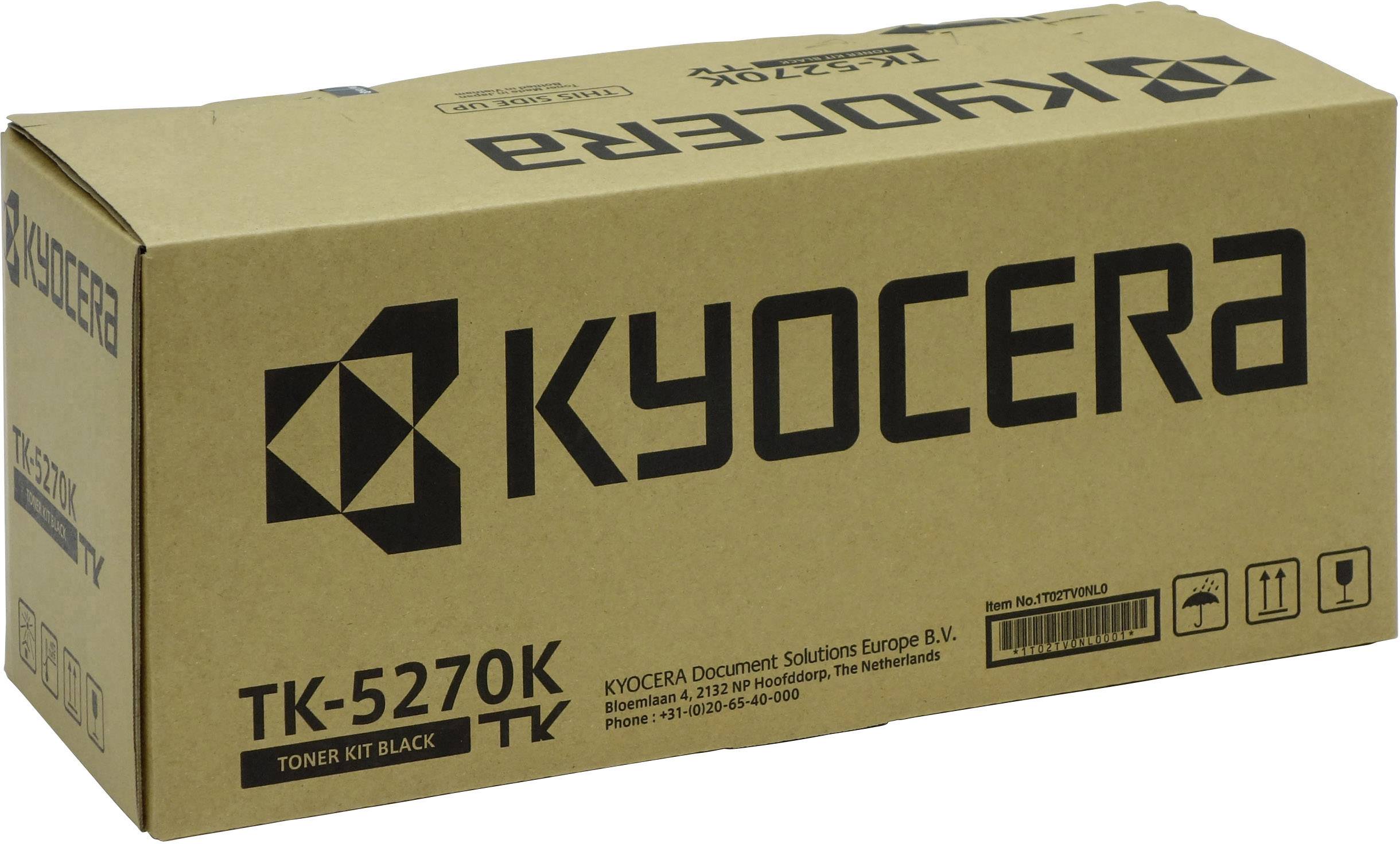 Brown cardboard packaging with black print of KYOCERA, Model TK-5270K Toner Kit Black.