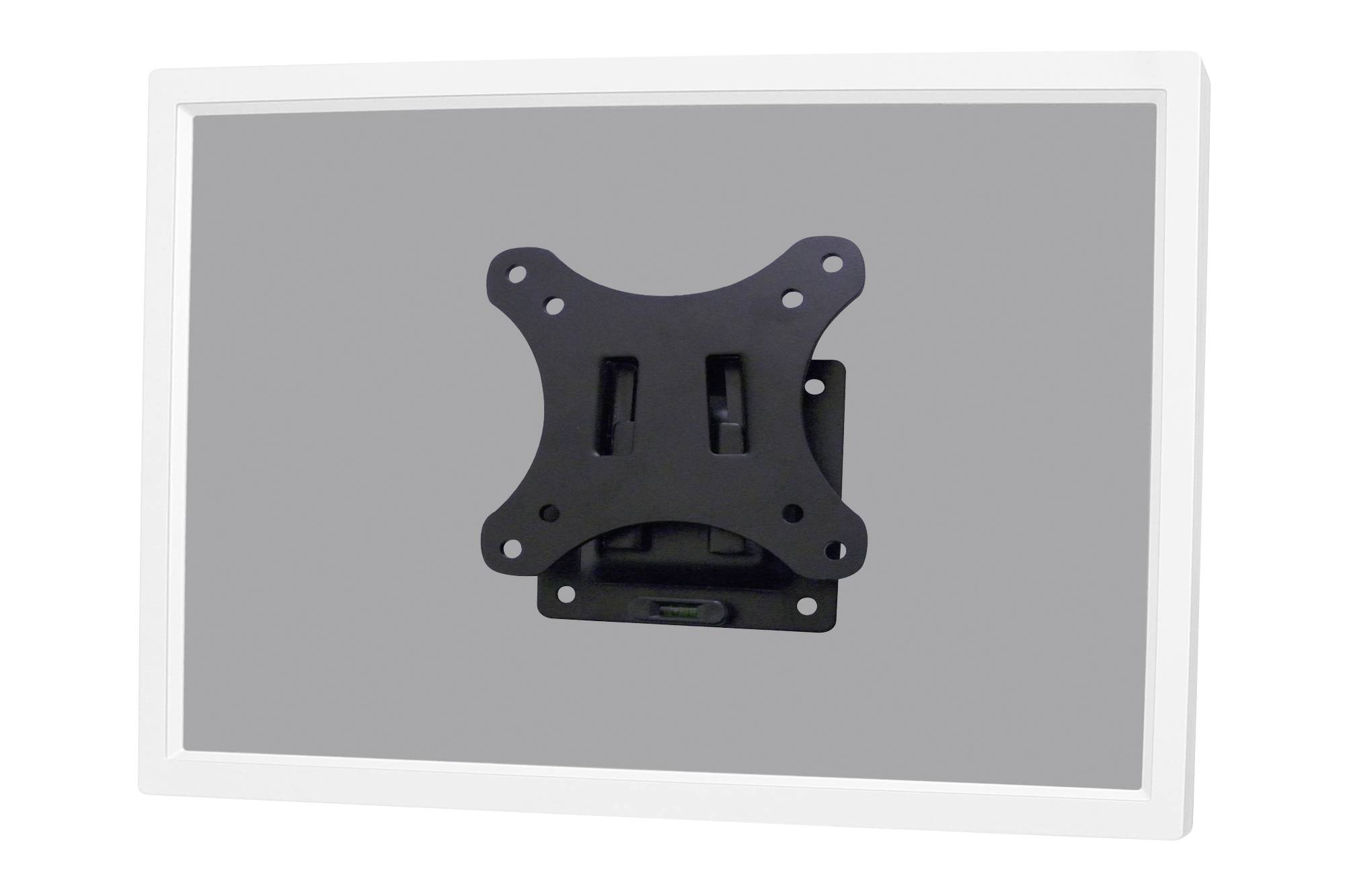 Wall mount for small monitors or televisions, attached to a white surface. Suitable for flat screens.