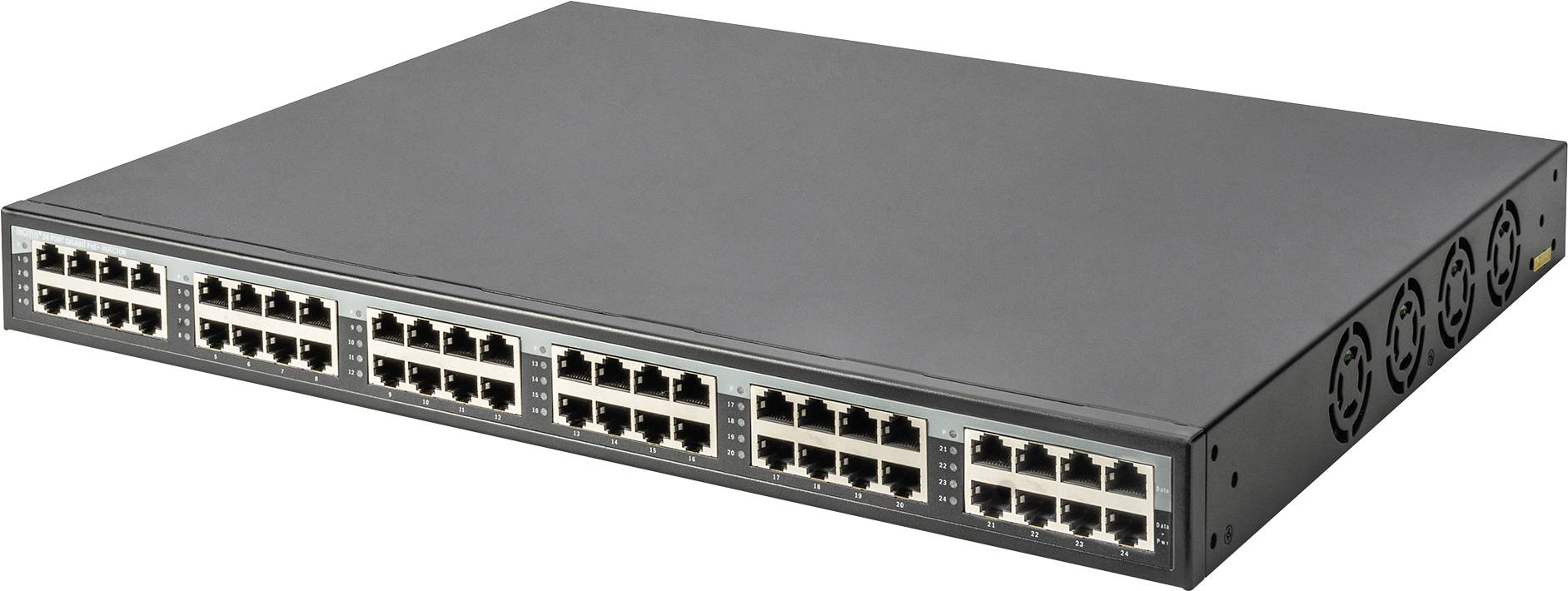 A 48-port Ethernet switch in a black enclosure, used in networks to connect multiple devices.