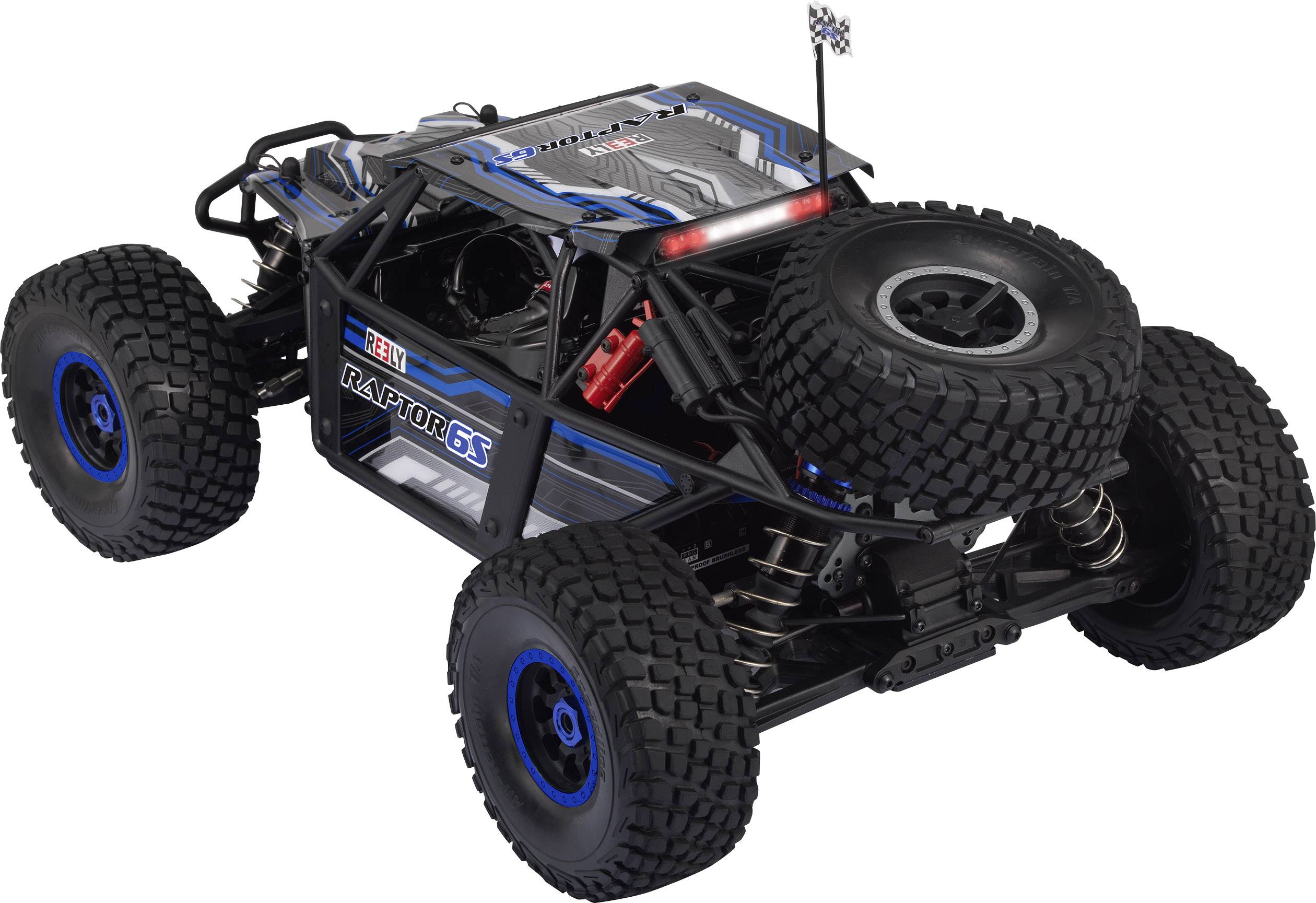 A remote-controlled off-road style car with large tyres and a spare wheel on the back. The car has a black and blue colour scheme.