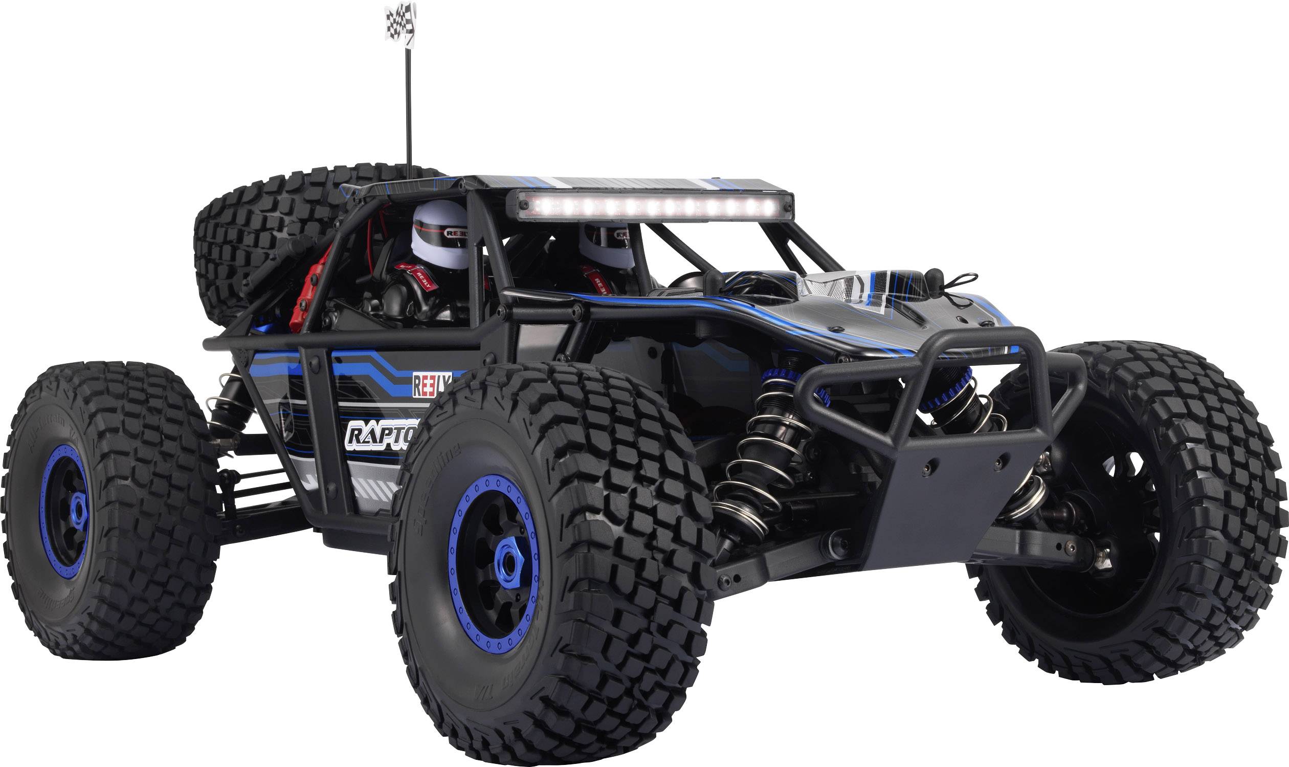 A remote-controlled off-road-style car with large tyres and suspension, with two figures visible as drivers.