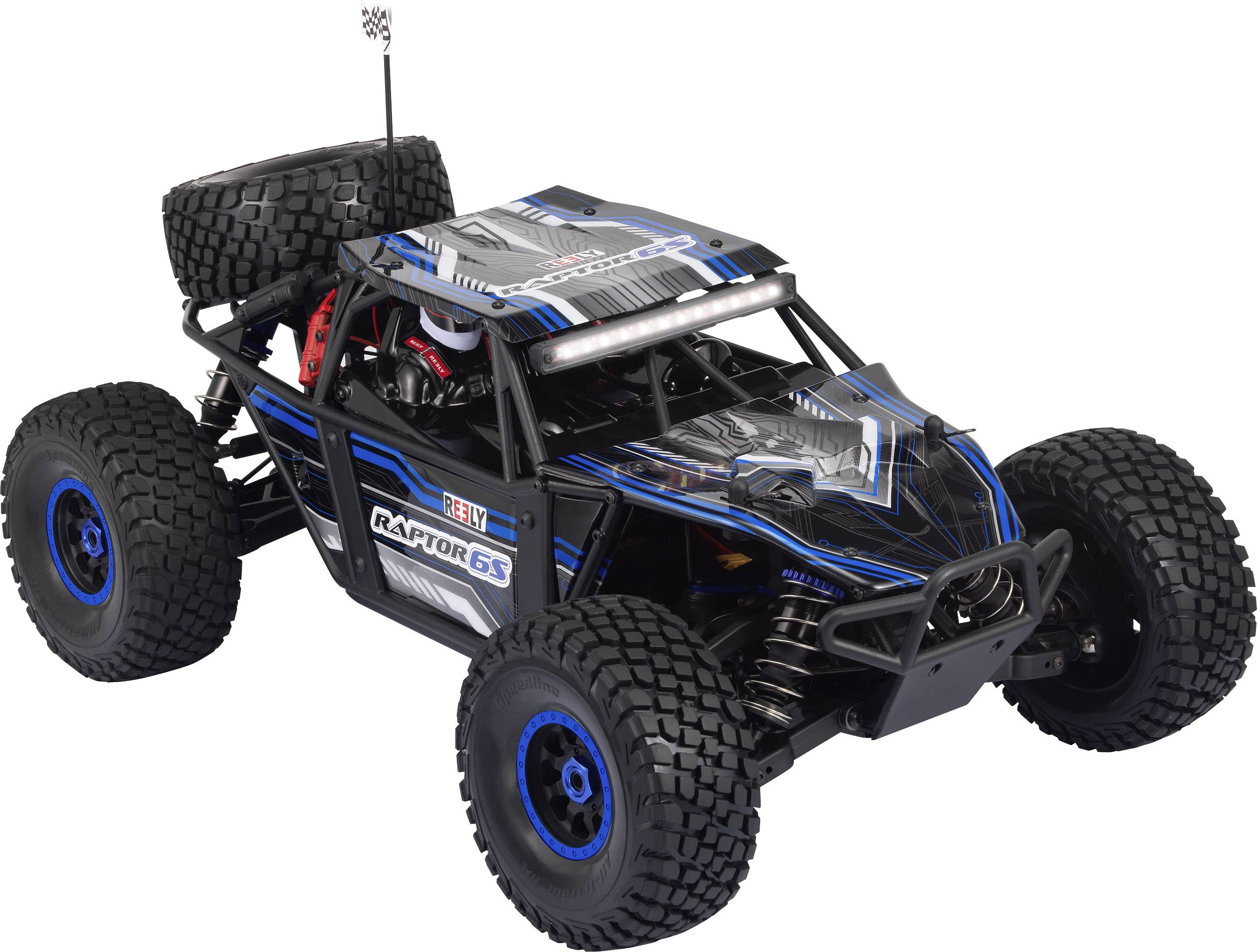 Radio-controlled off-road car with large tyres and blue and black paintwork. Robust and sporty, with detailed design.