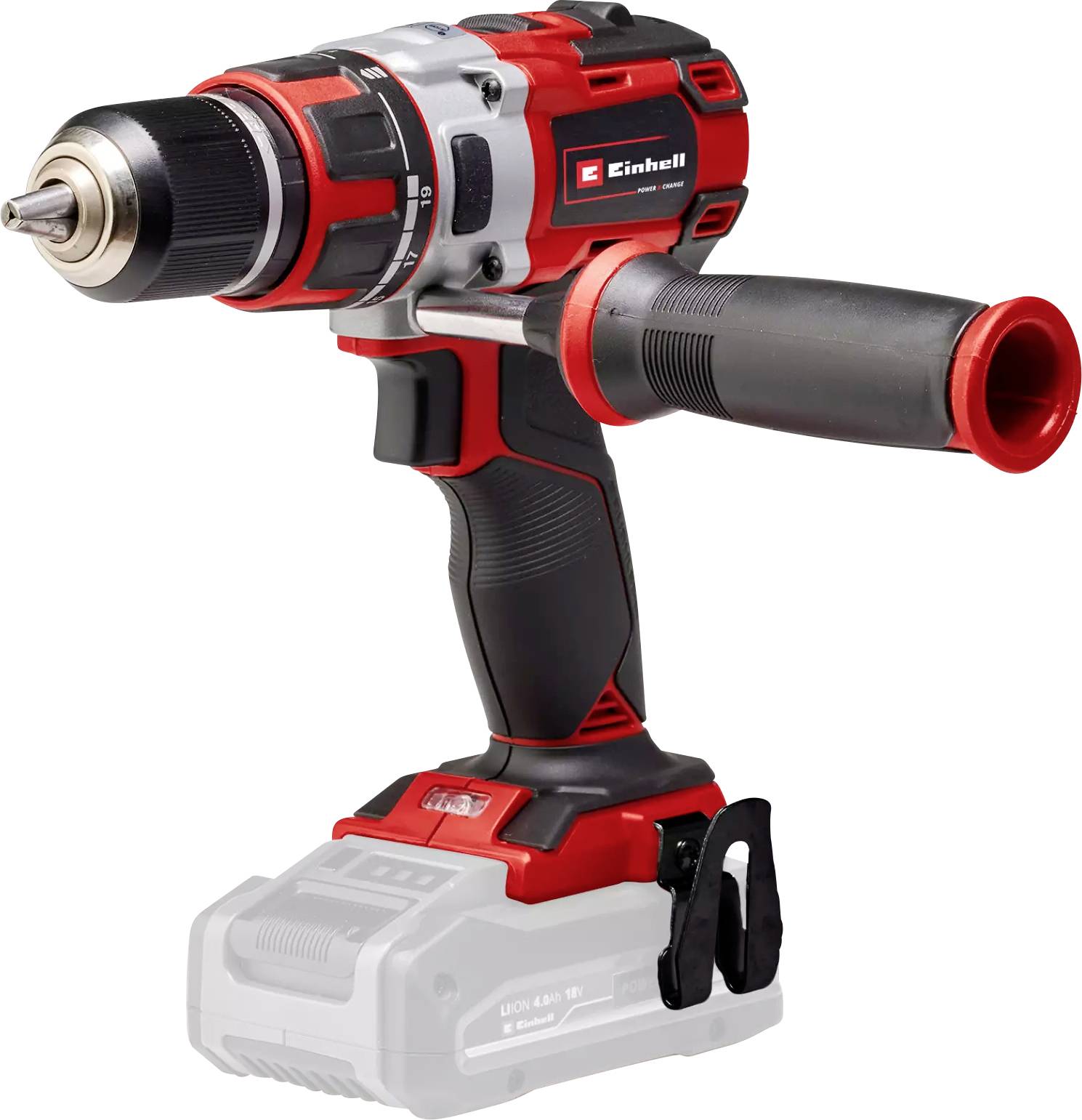 A red and black cordless power drill with a branded label on the side, featuring a rubber grip handle and a detachable battery.