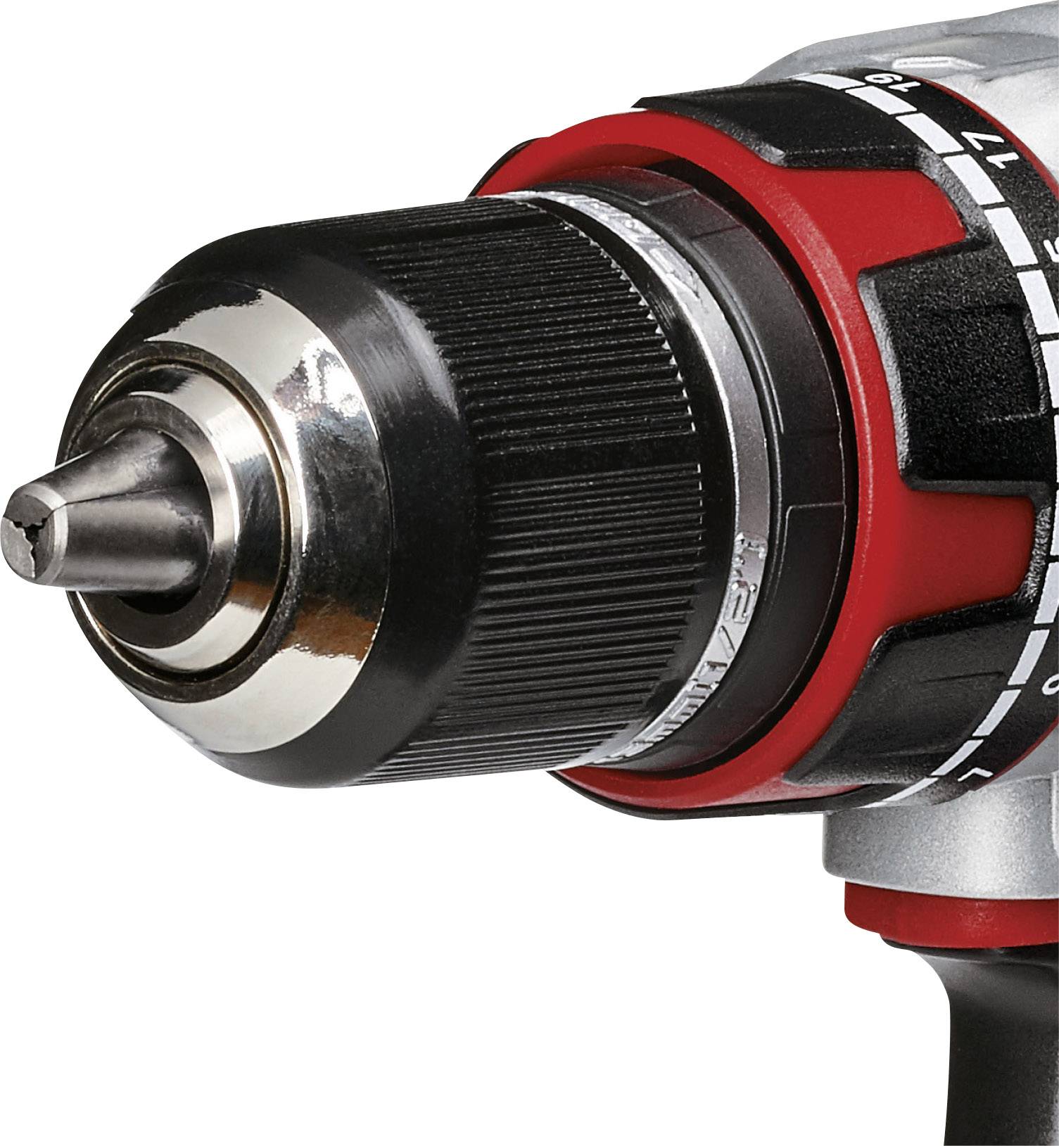 Close-up of a power drill with red and black details, metal chuck, and torque display.