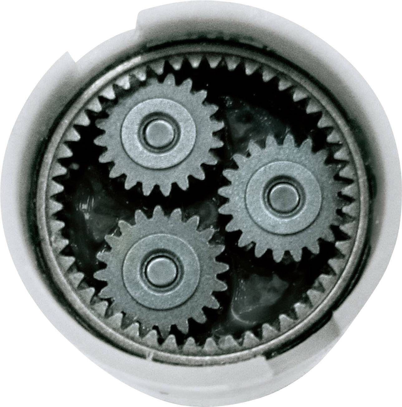 Triple planetary gearbox with a central sun gear, surrounded by three smaller planet gears within a housing.