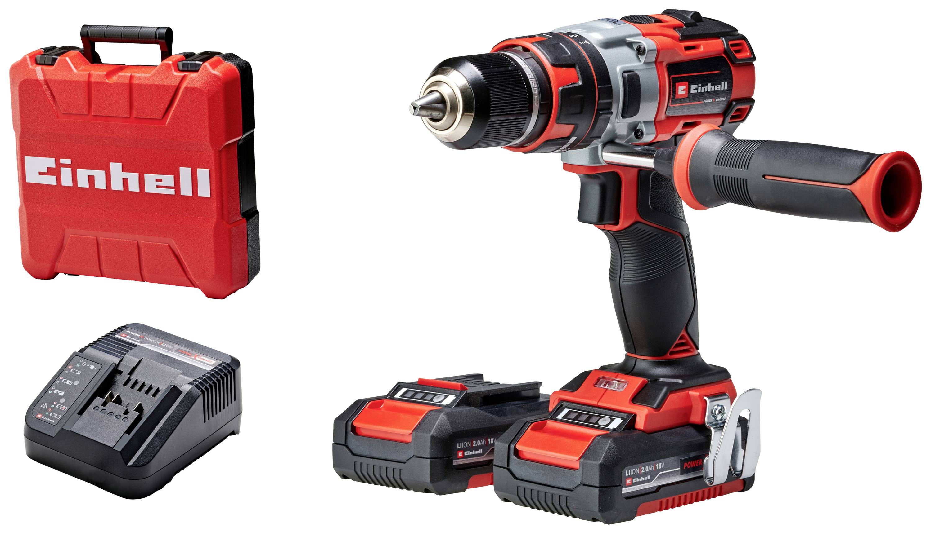 Cordless drill with two batteries, charger and red case.