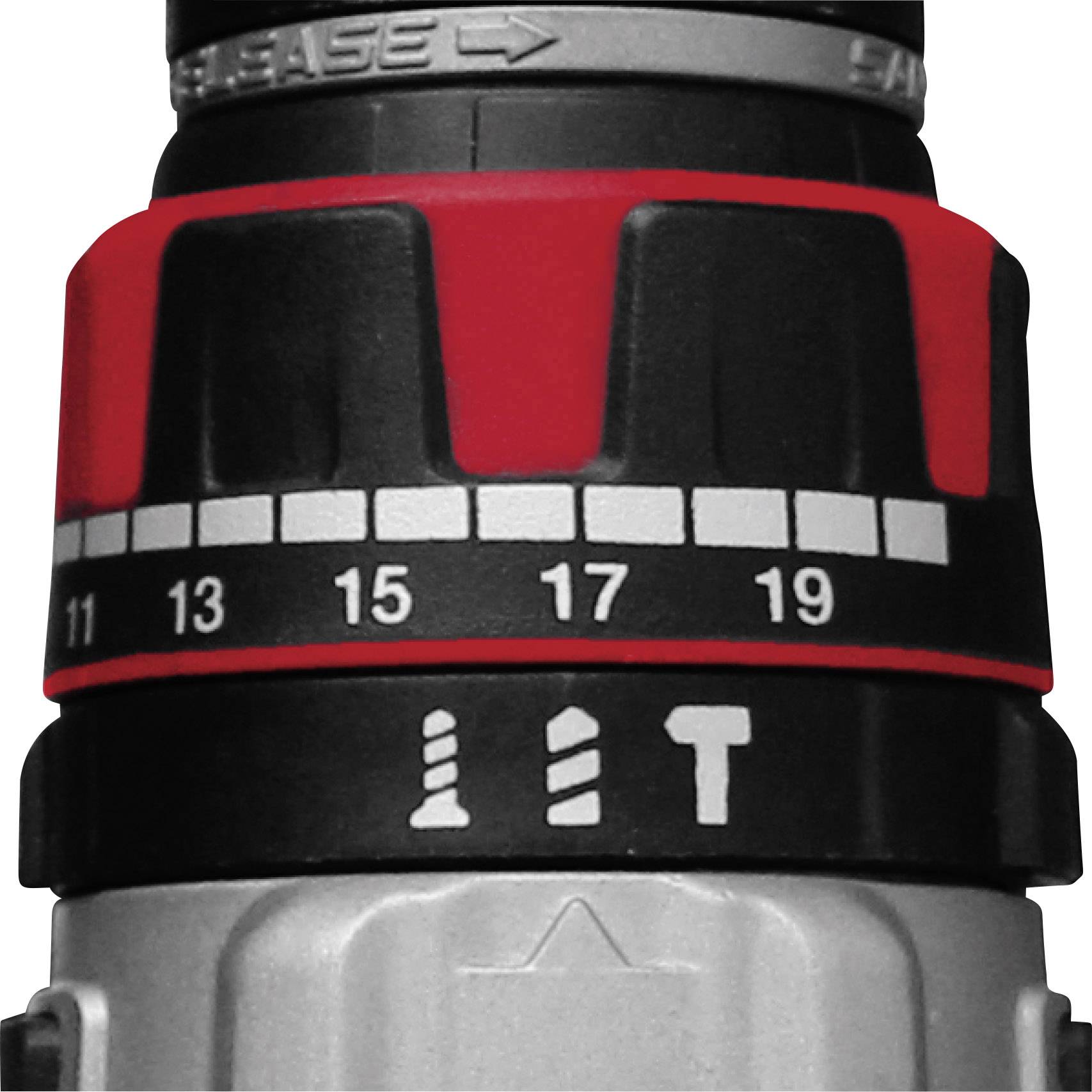 Close-up of a drill chuck with a torque adjustment ring marked from 11 to 19.
