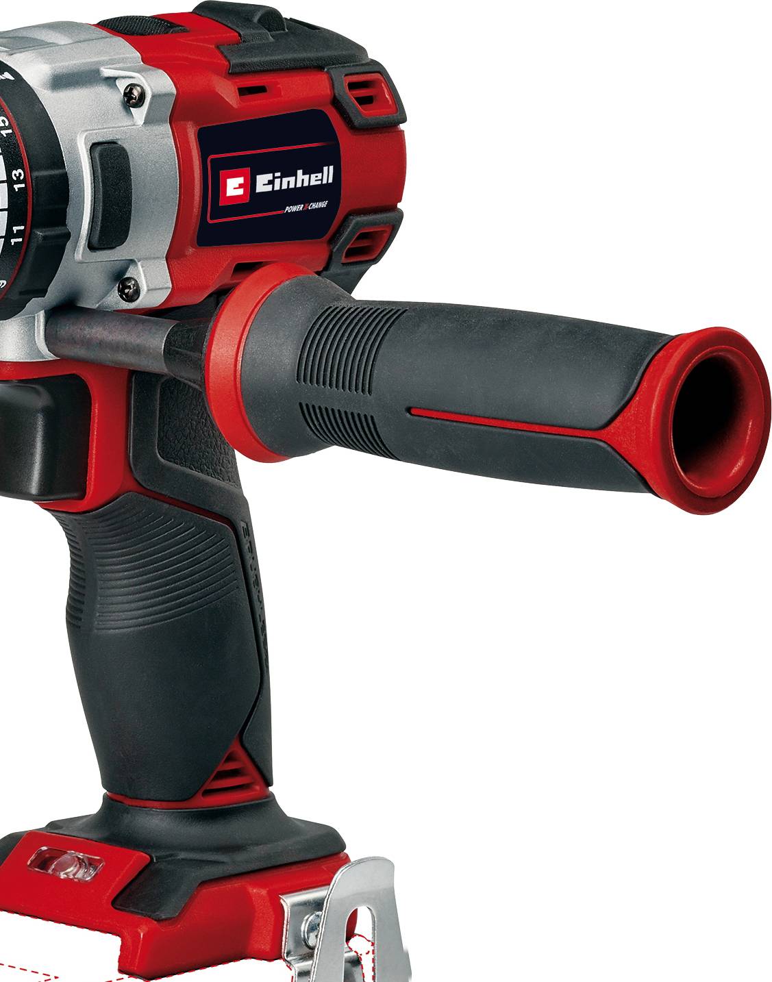 Cordless drill, black and red, with an ergonomic handle and a side-mounted holder, suitable for DIY projects.