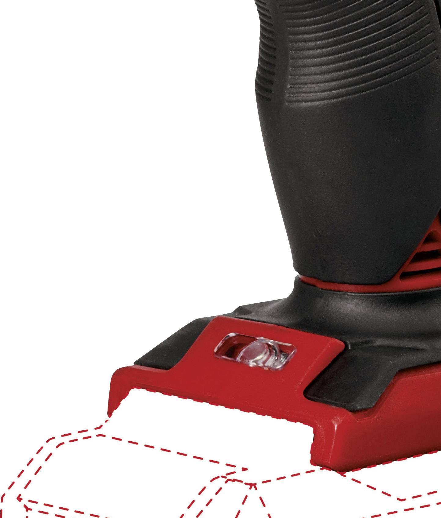 Excerpt of a red and black power tool with accompanying accessories illustrated.