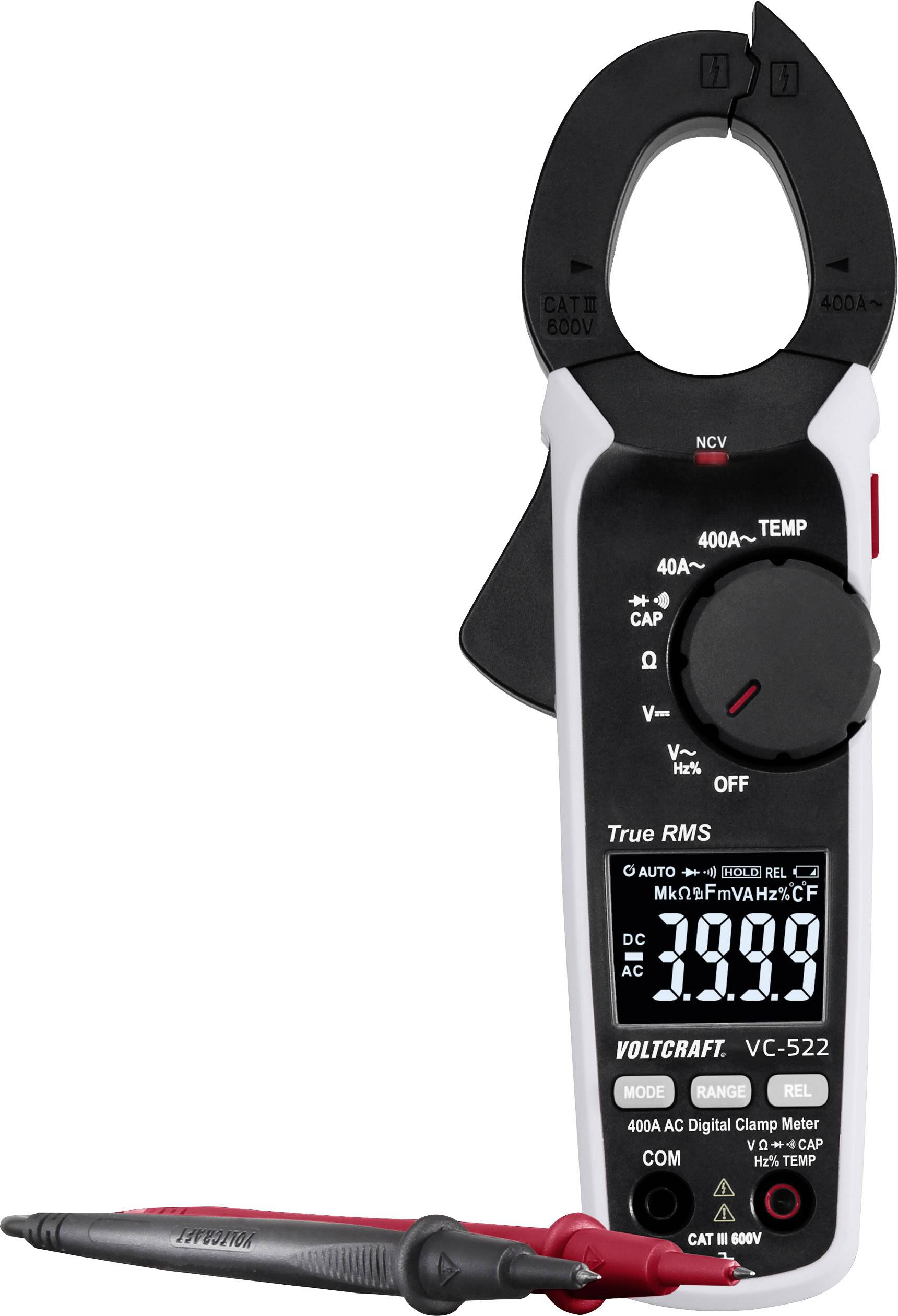 Digital multimeter with clamp sensor, showing '29.00' on the display. Suitable for measurements up to 600V. Includes test probes.