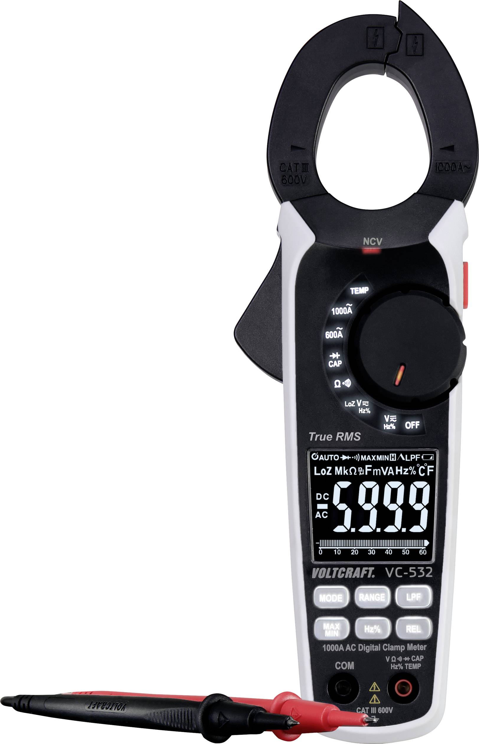 Digital clamp meter in black and white colour. Displays readings on a screen. Used for measuring electrical parameters.